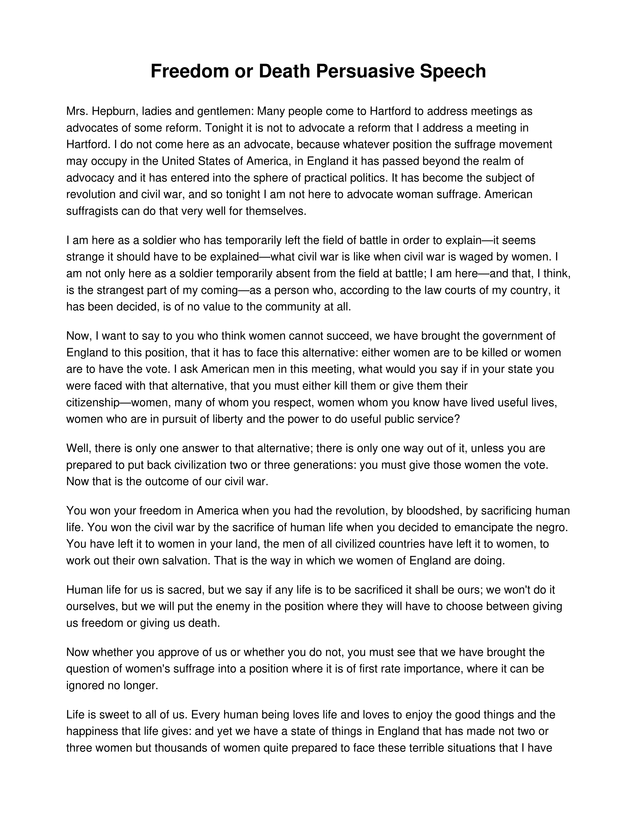 Freedom or Death Persuasive Speech — page 1