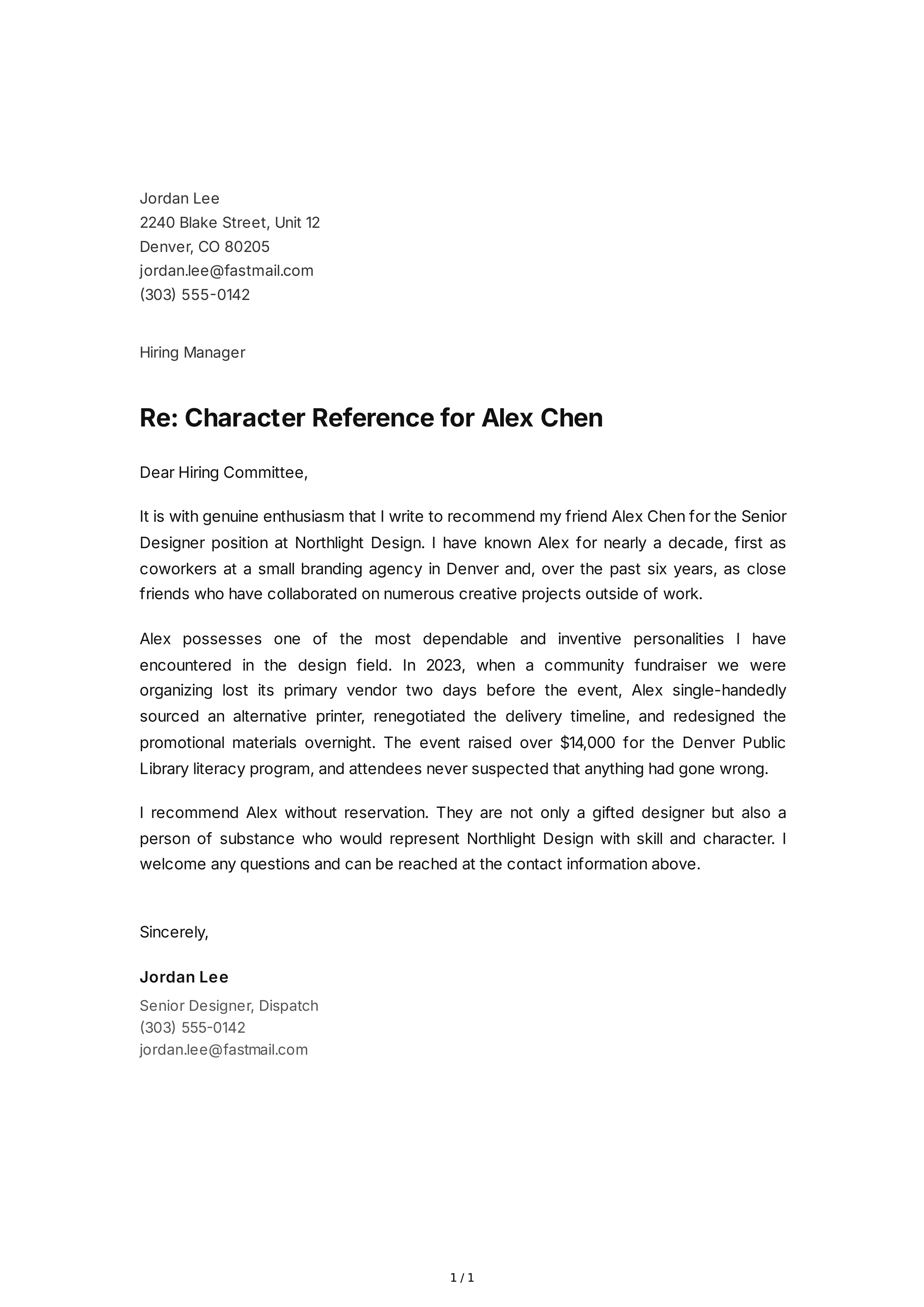 Friend Reference Letter — page 1
