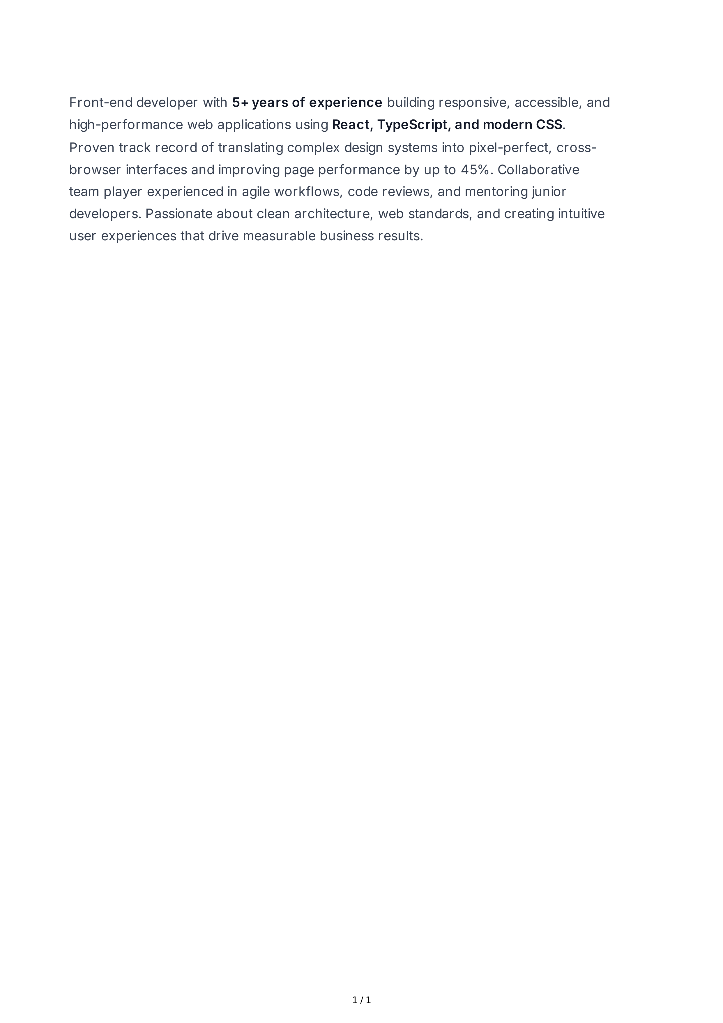 Front-End Developer Resume Summary — page 1