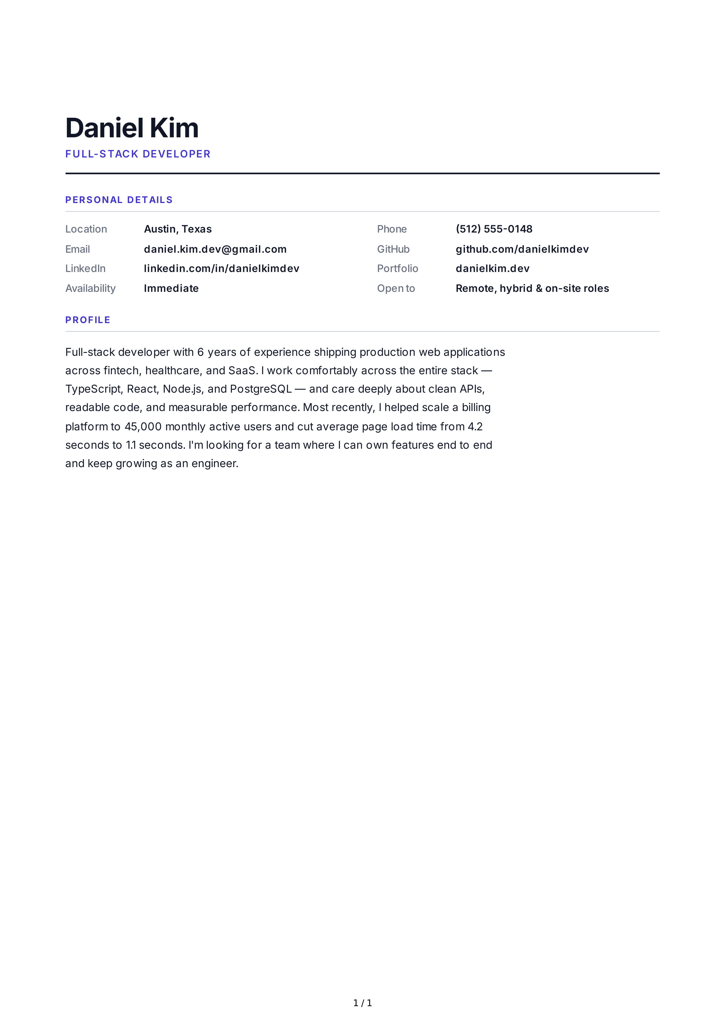 Full-Stack Developer Resume Profile — page 1