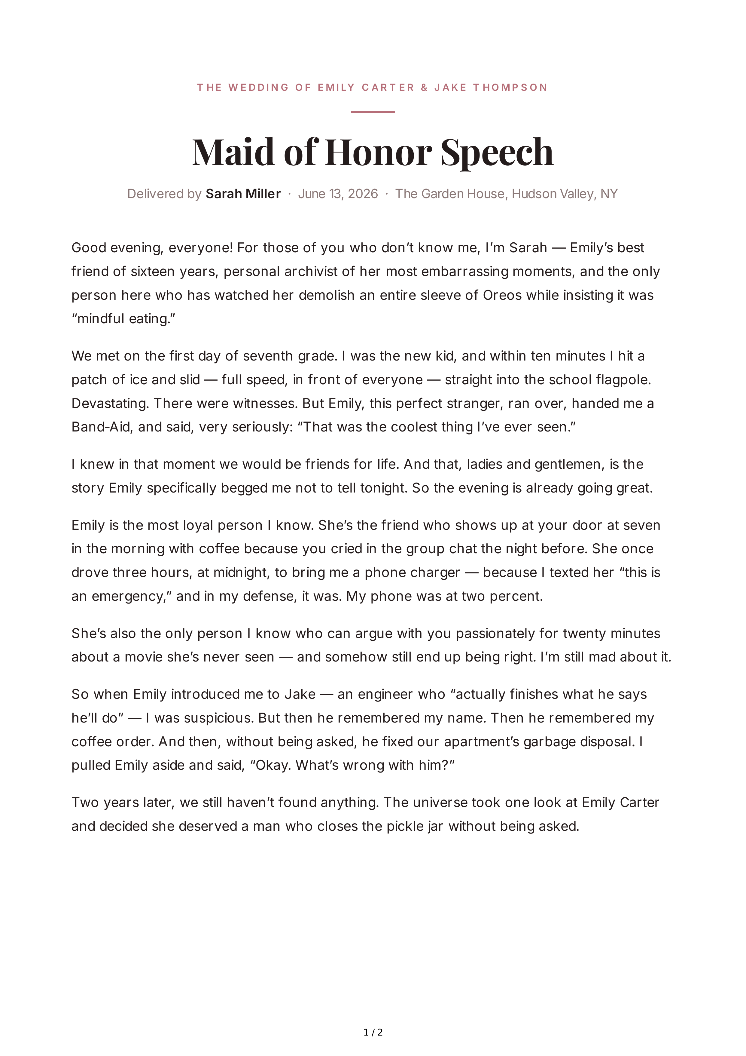 Funny Maid of Honor Speech — page 1