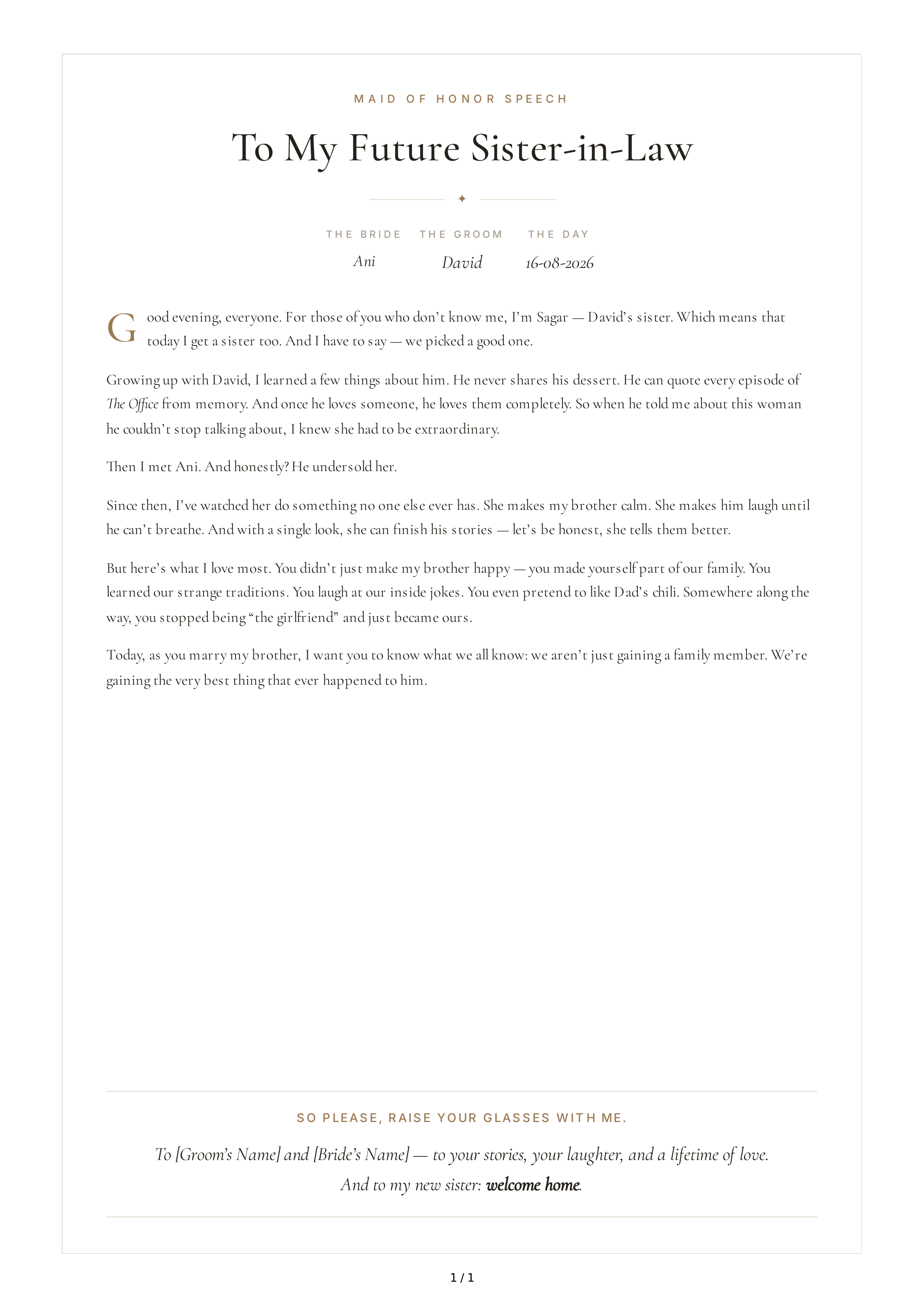 Future Sister-in-Law Maid of Honor Speech — page 1