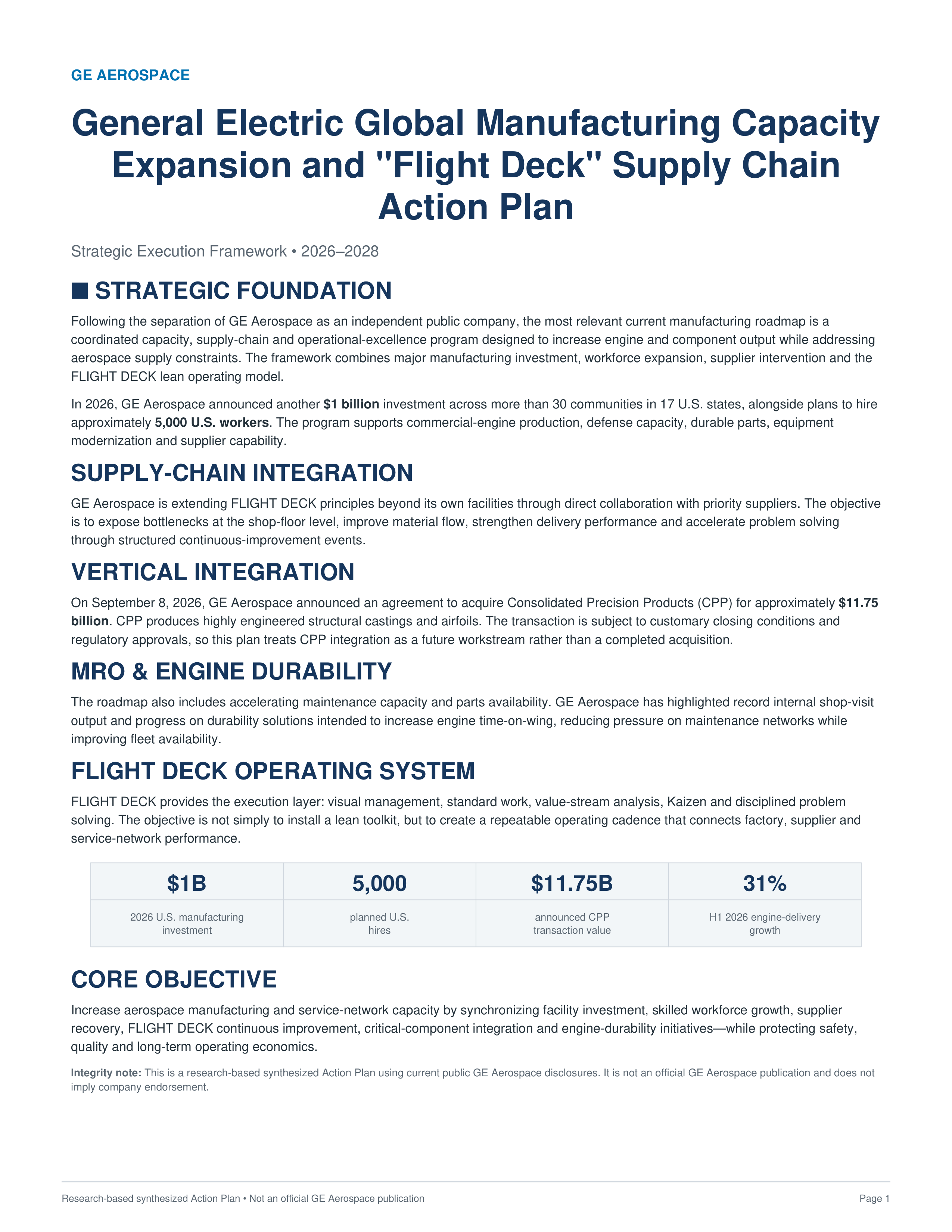 General Electric Global Manufacturing Capacity Expansion and "Flight Deck" Supply Chain Action Plan — page 1
