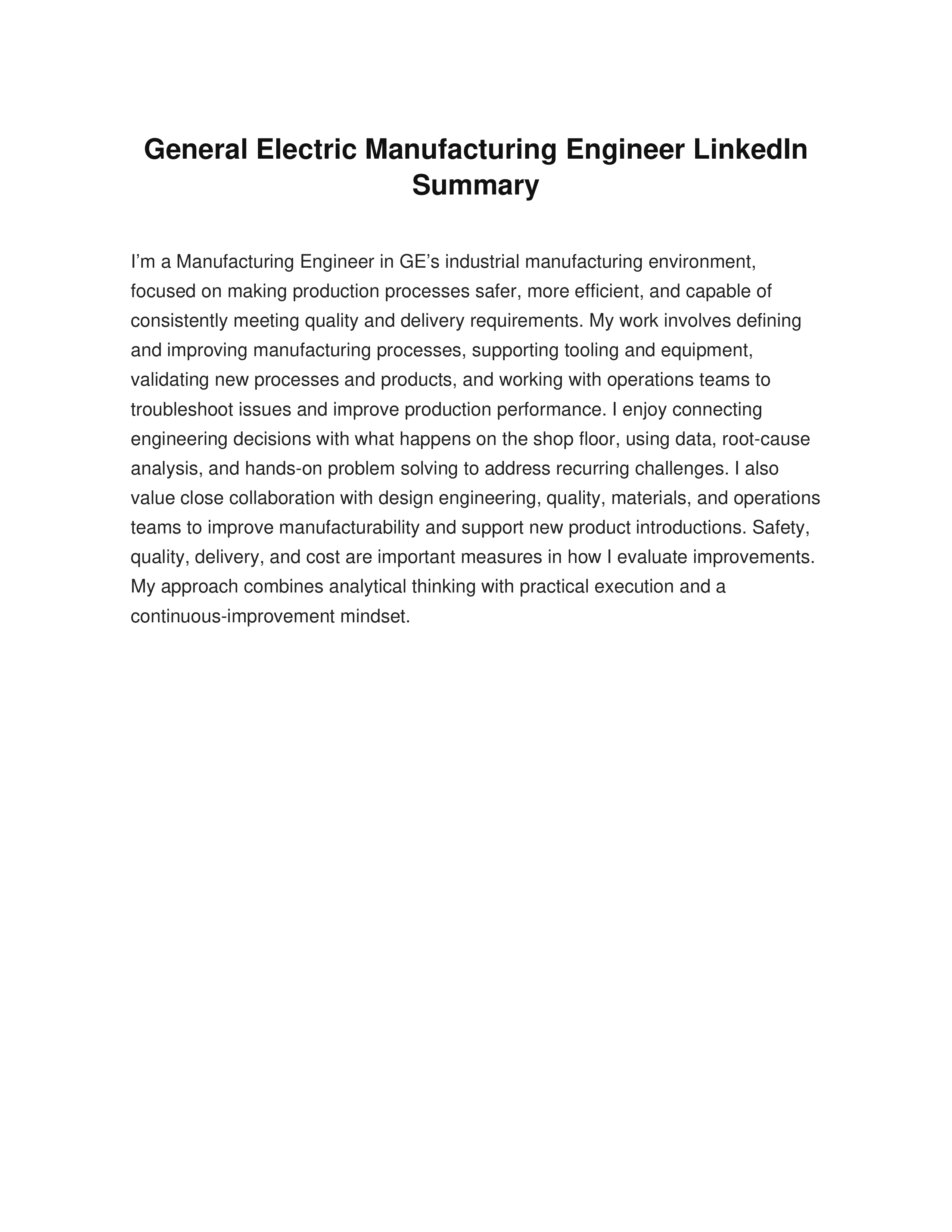 General Electric Manufacturing Engineer LinkedIn Summary — page 1