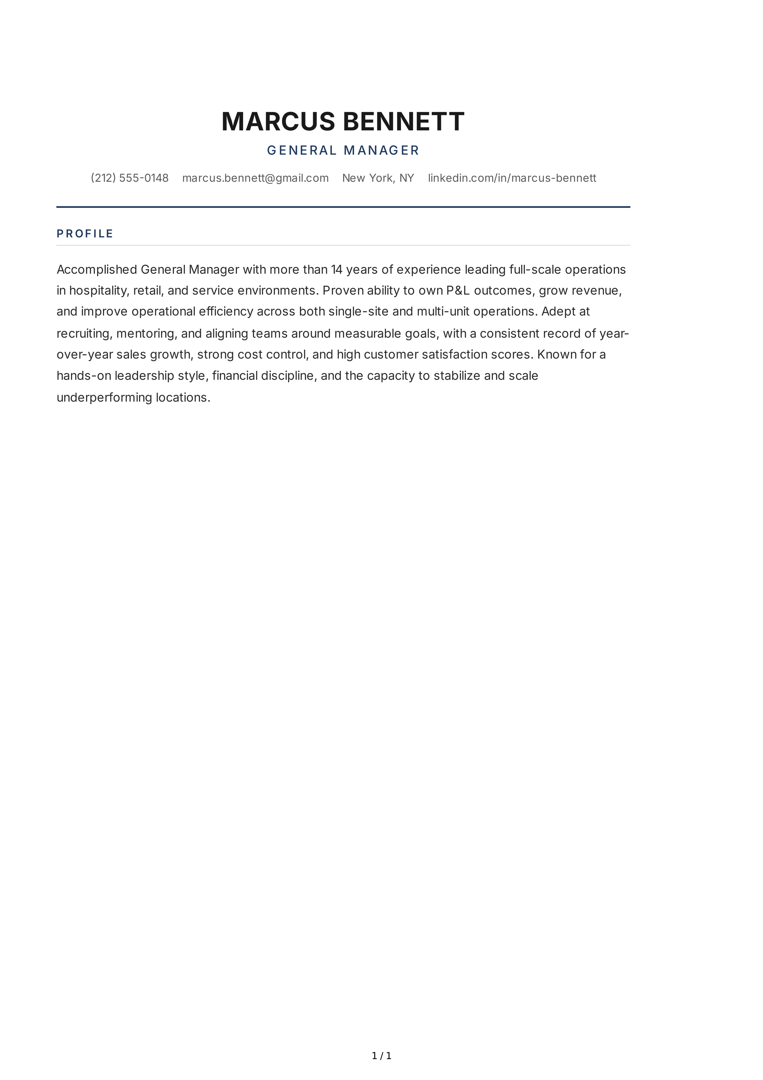 General Manager Resume Profile — page 1