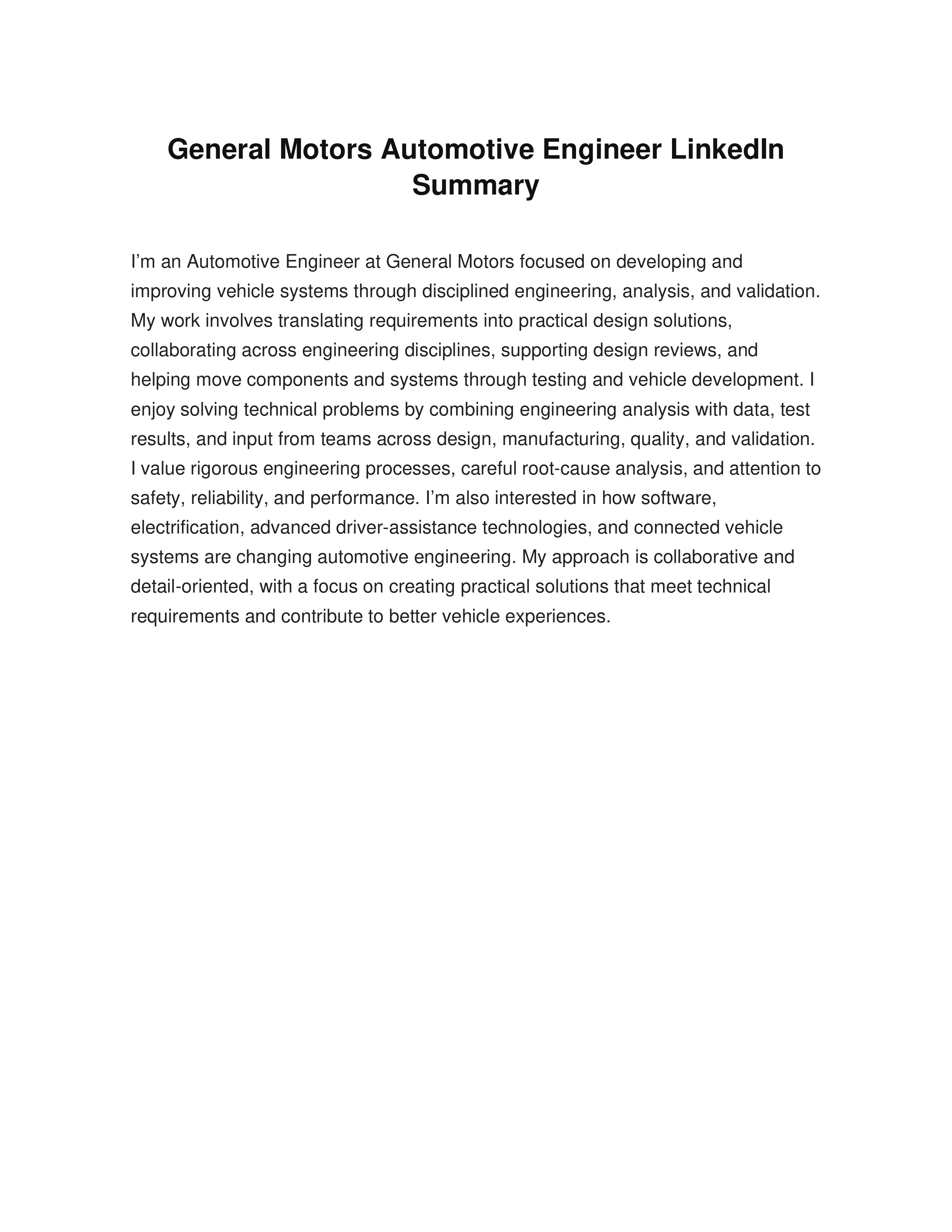 General Motors Automotive Engineer LinkedIn Summary — page 1