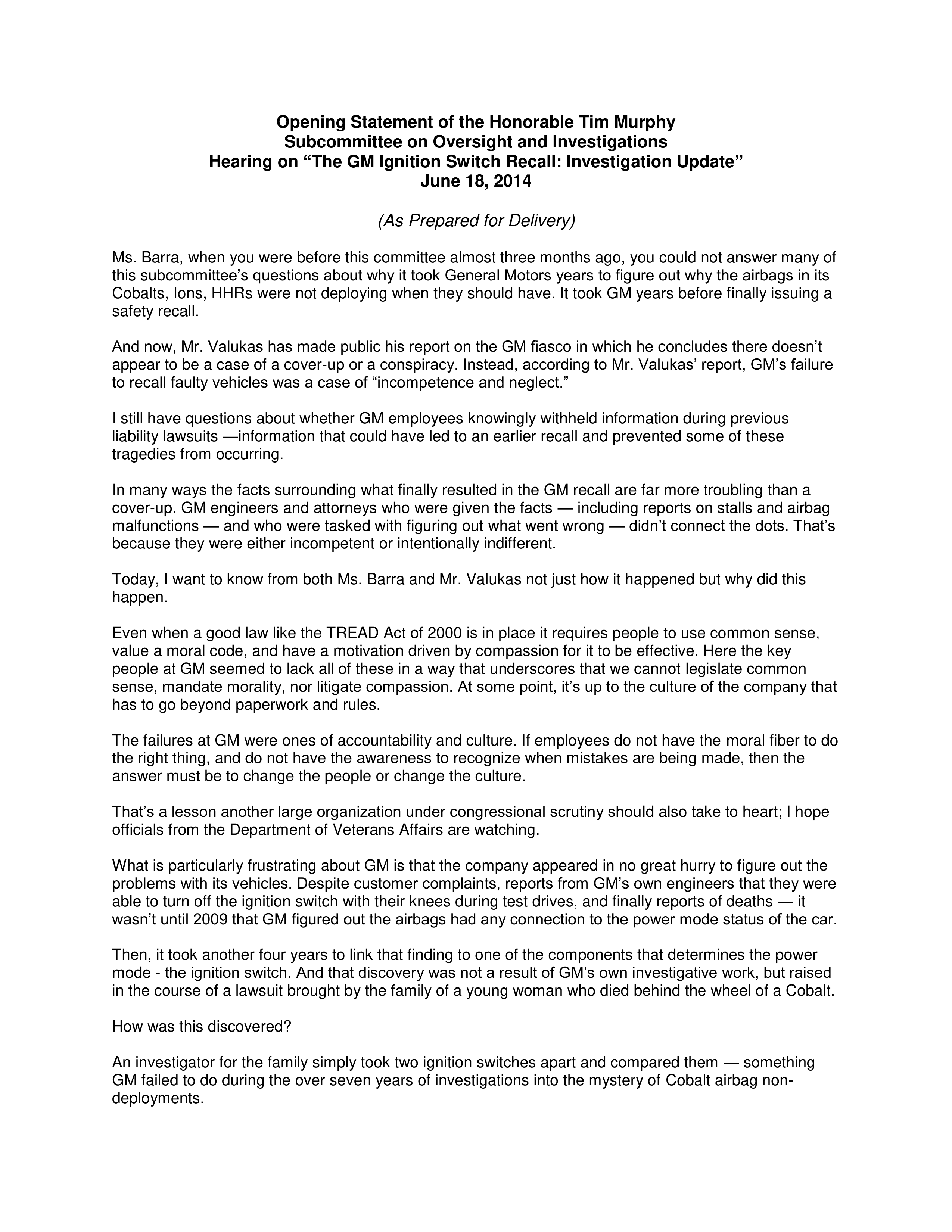 General Motors Congressional Opening Statement — page 1