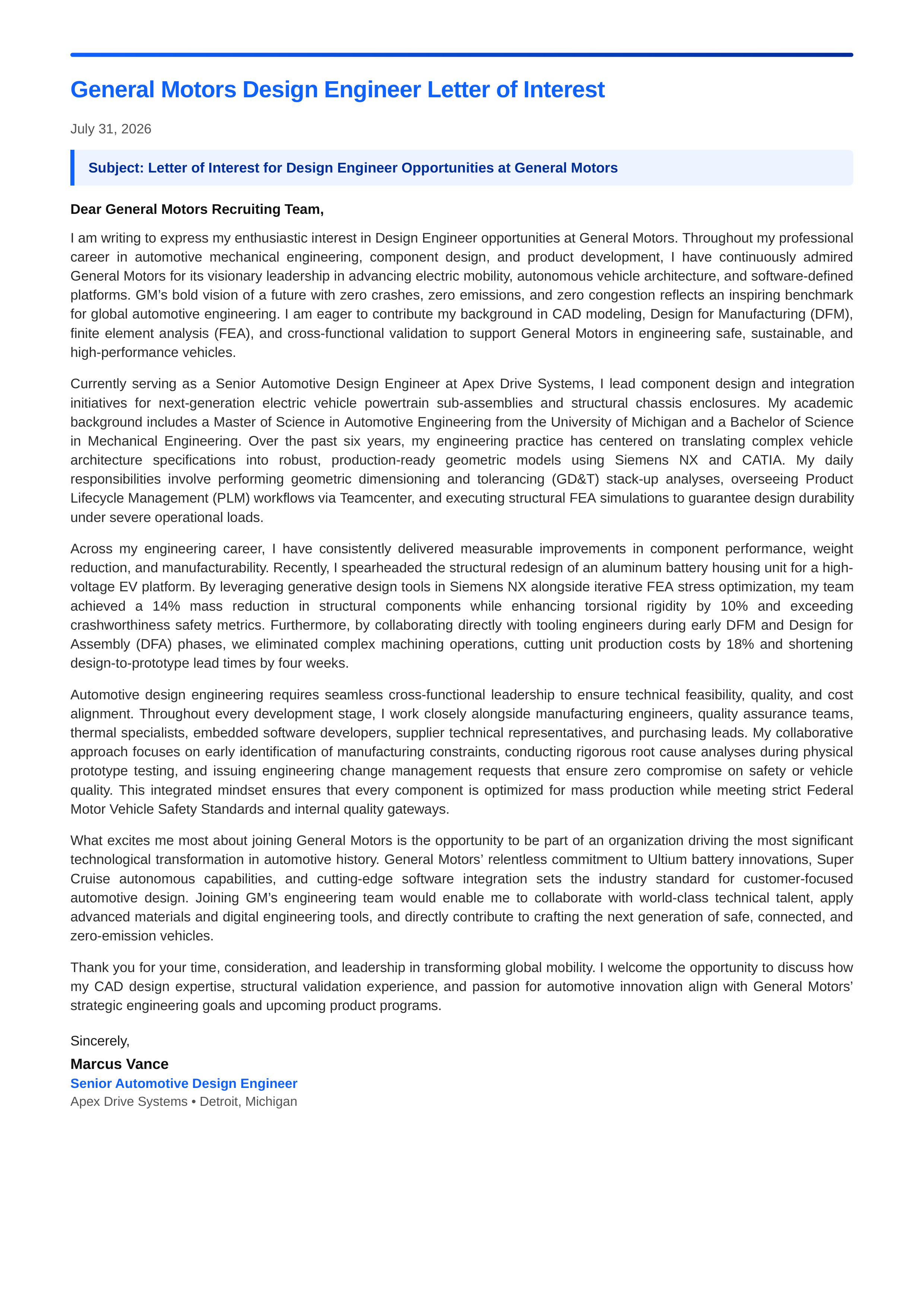 General Motors Design Engineer Letter of Interest — page 1