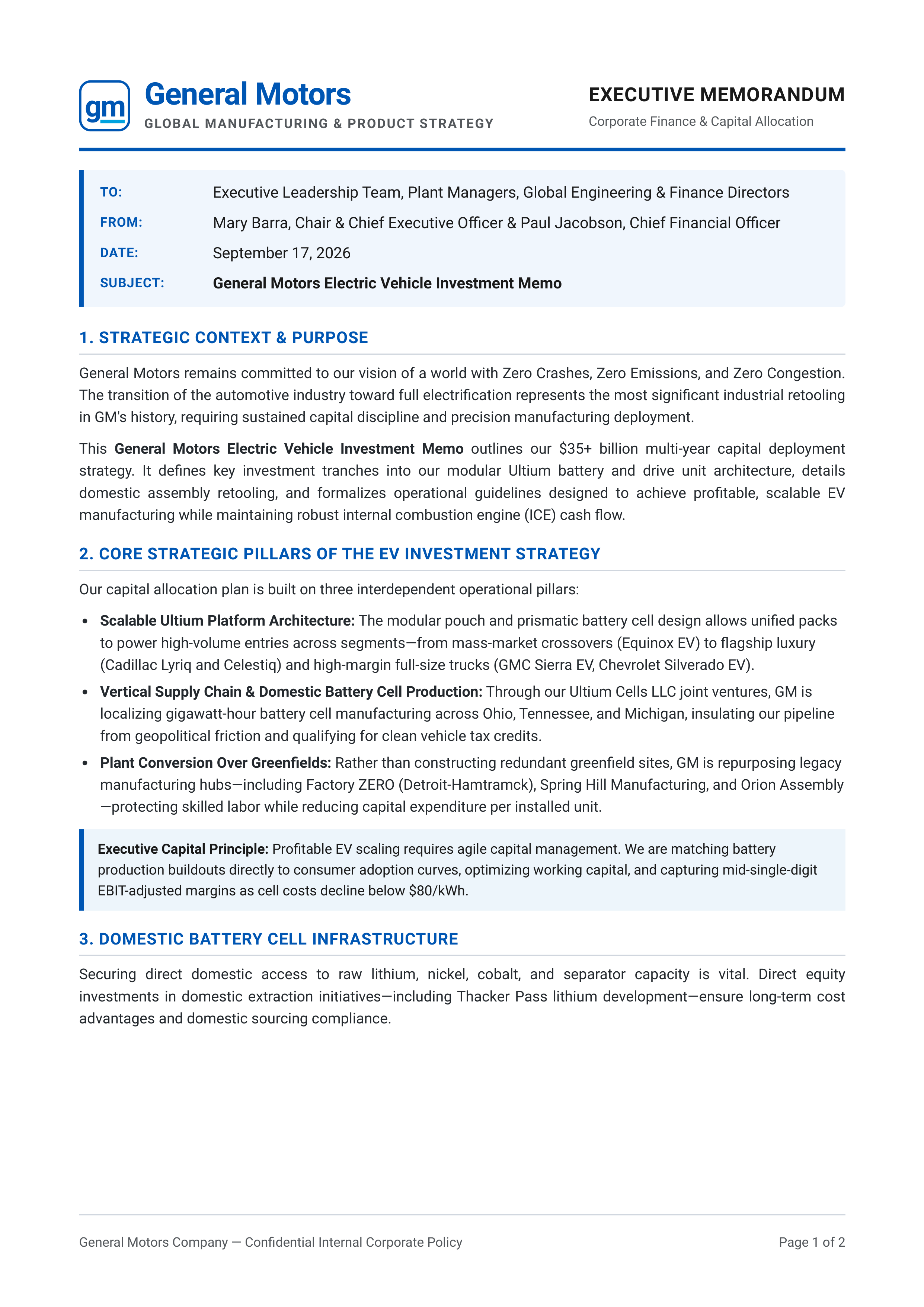 General Motors Electric Vehicle Investment Memo — page 1