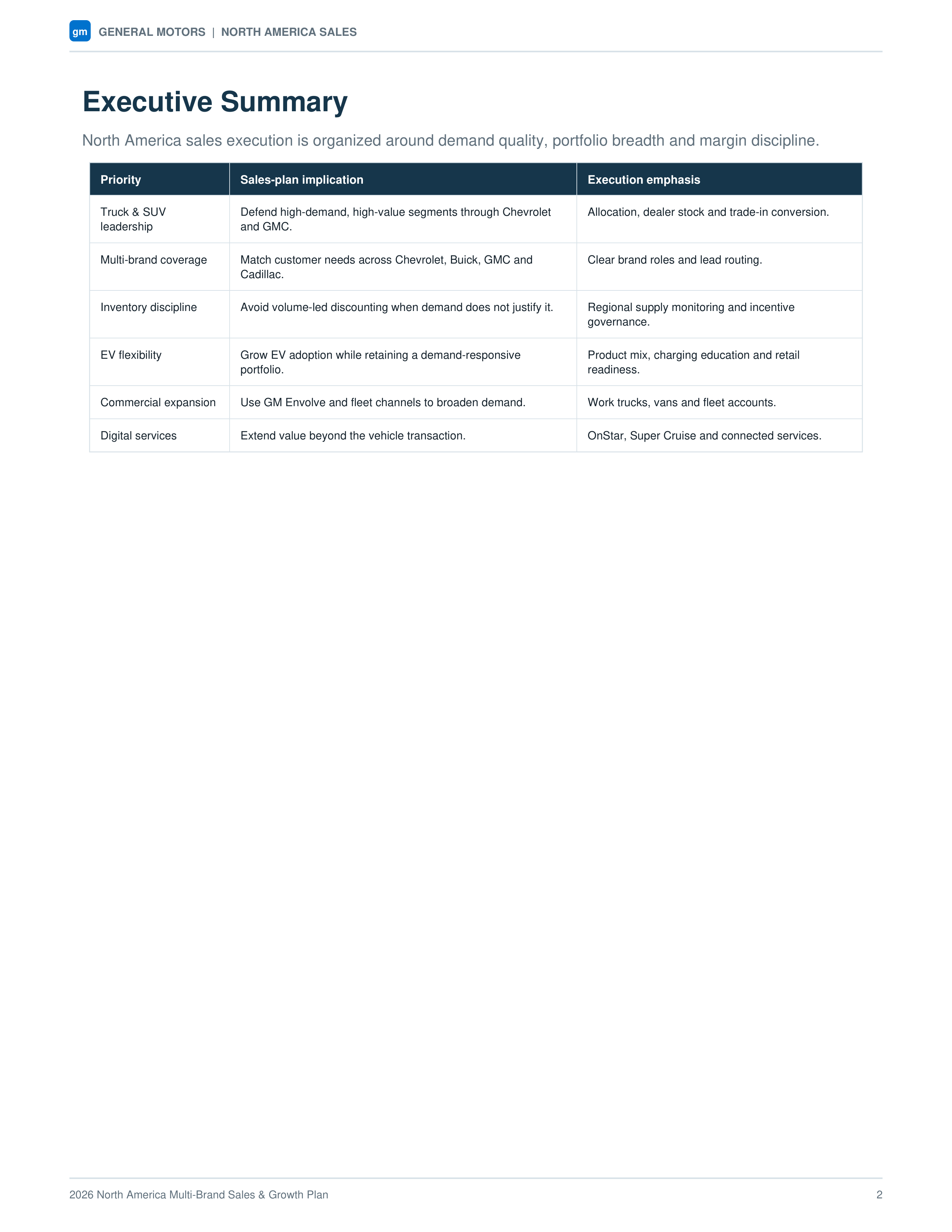 General Motors North America Multi-Brand Sales & Growth Plan — page 2