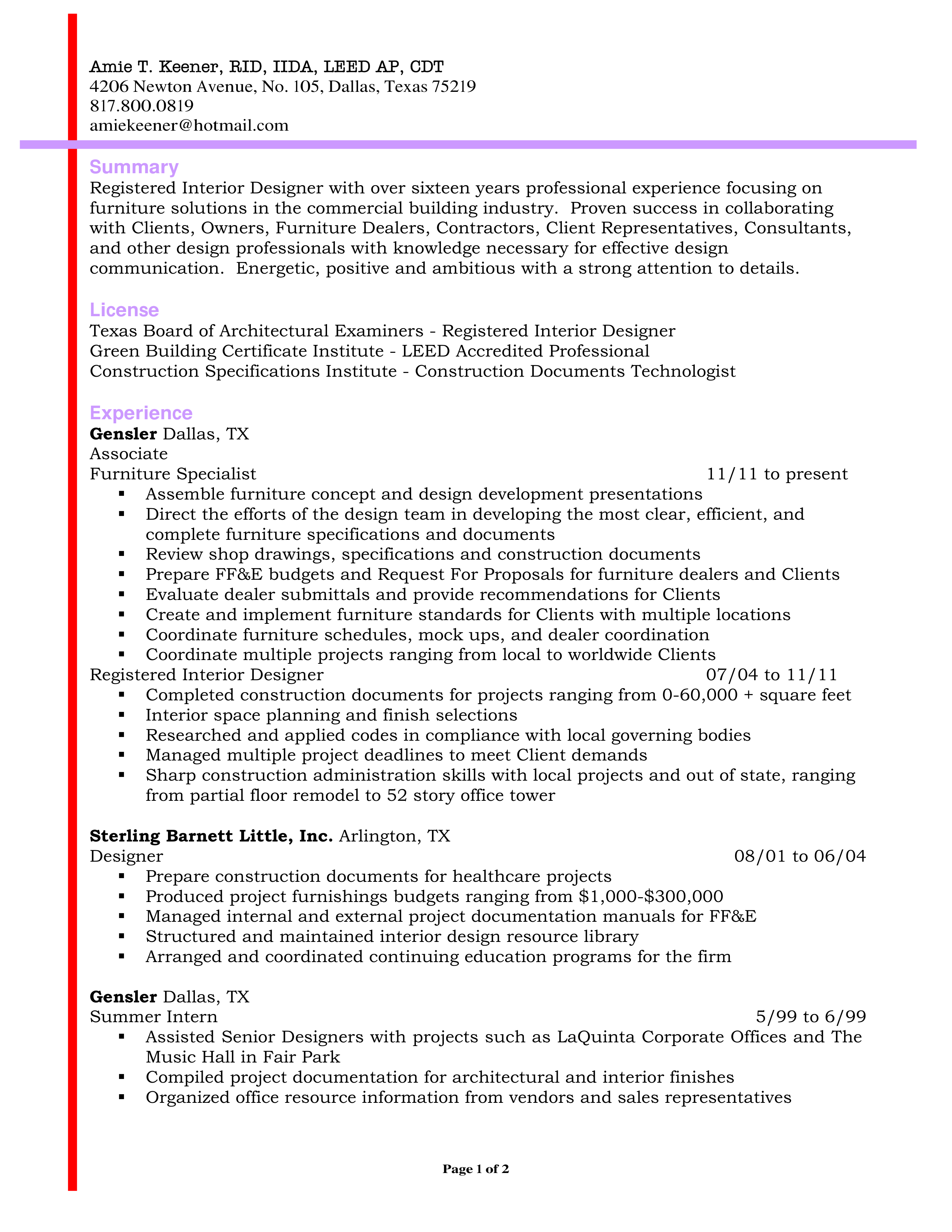 Gensler Interior Designer Resume — page 1