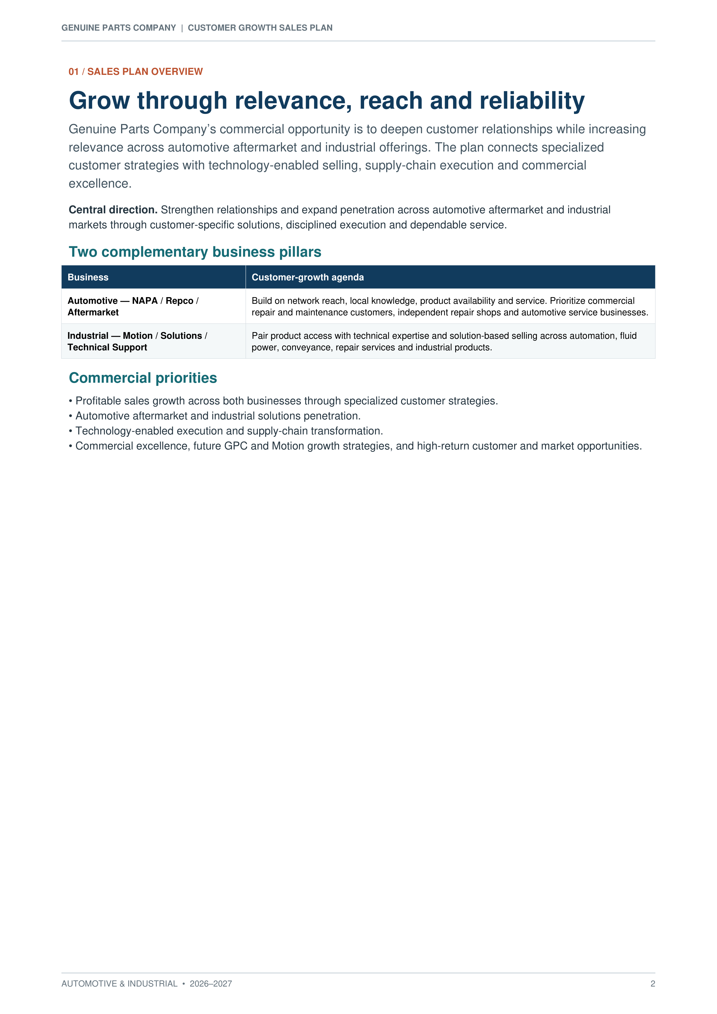Genuine Parts Company Automotive & Industrial Customer Growth Sales Plan — page 2