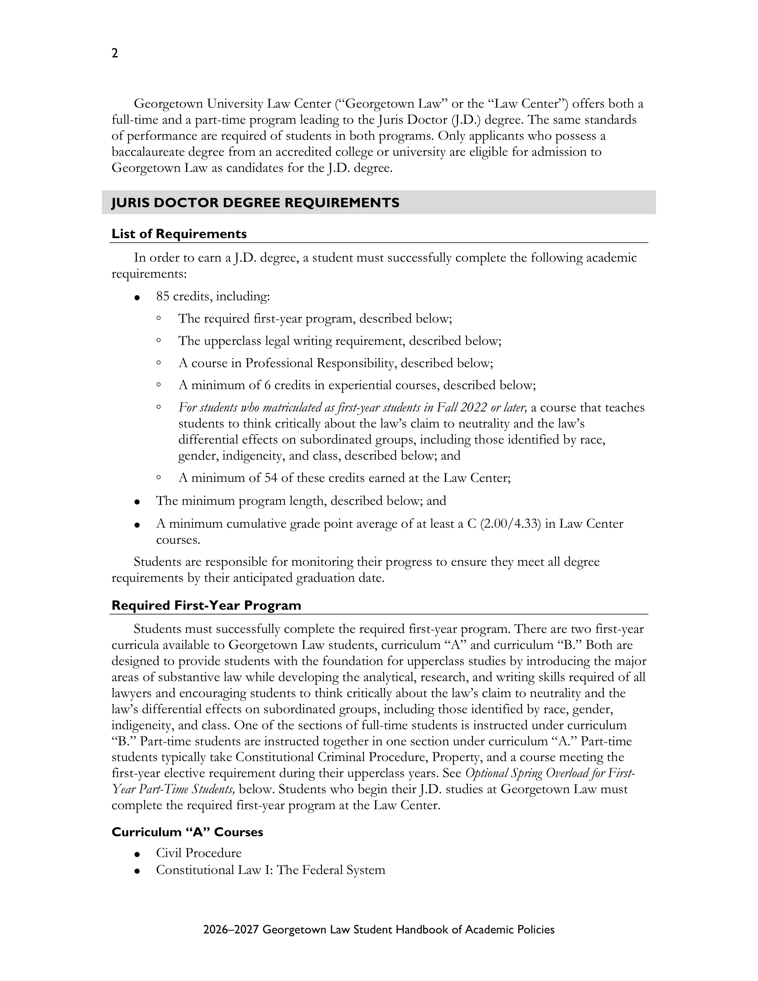Georgetown University Law Student Handbook of Academic Policies Handbook — page 8