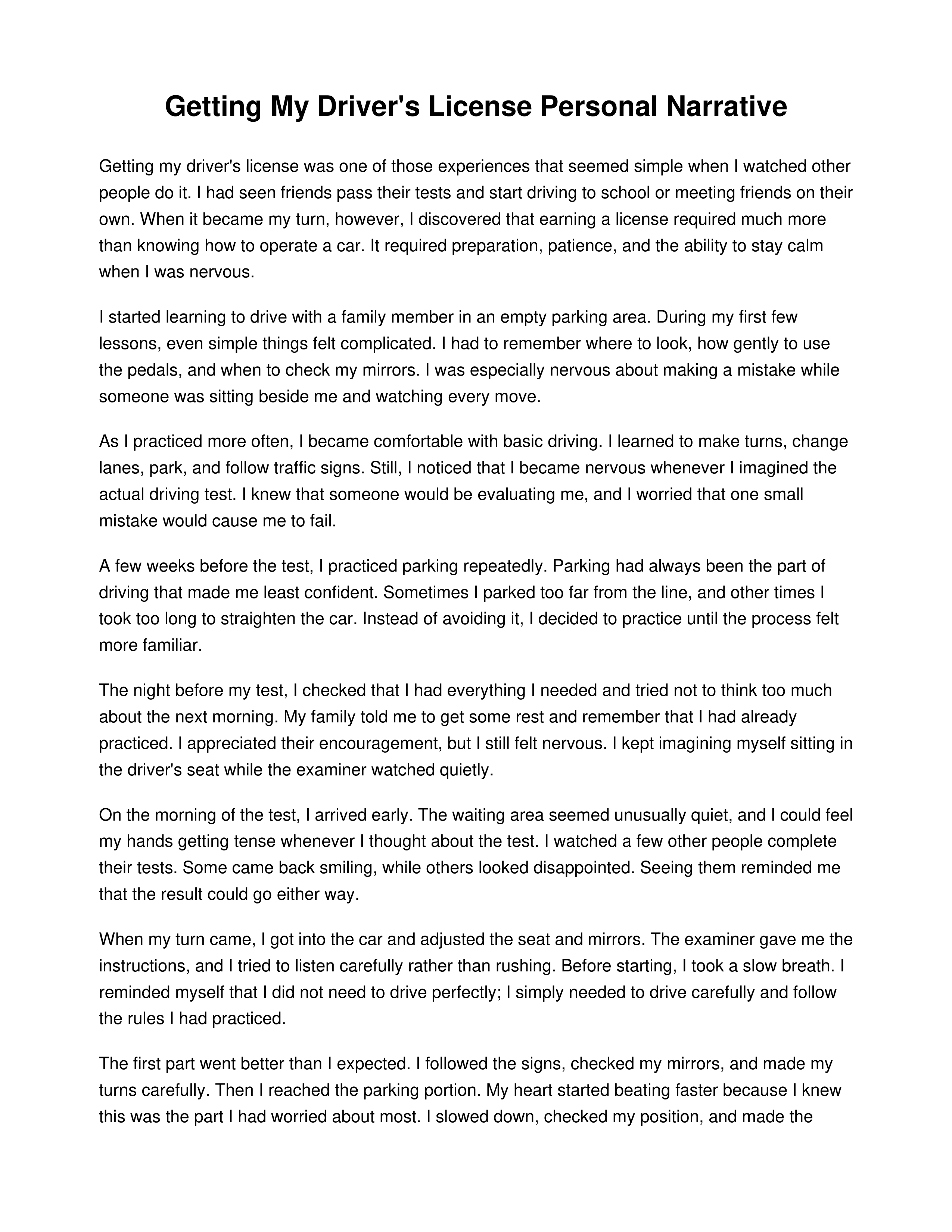 Getting My Driver's License Personal Narrative — page 1