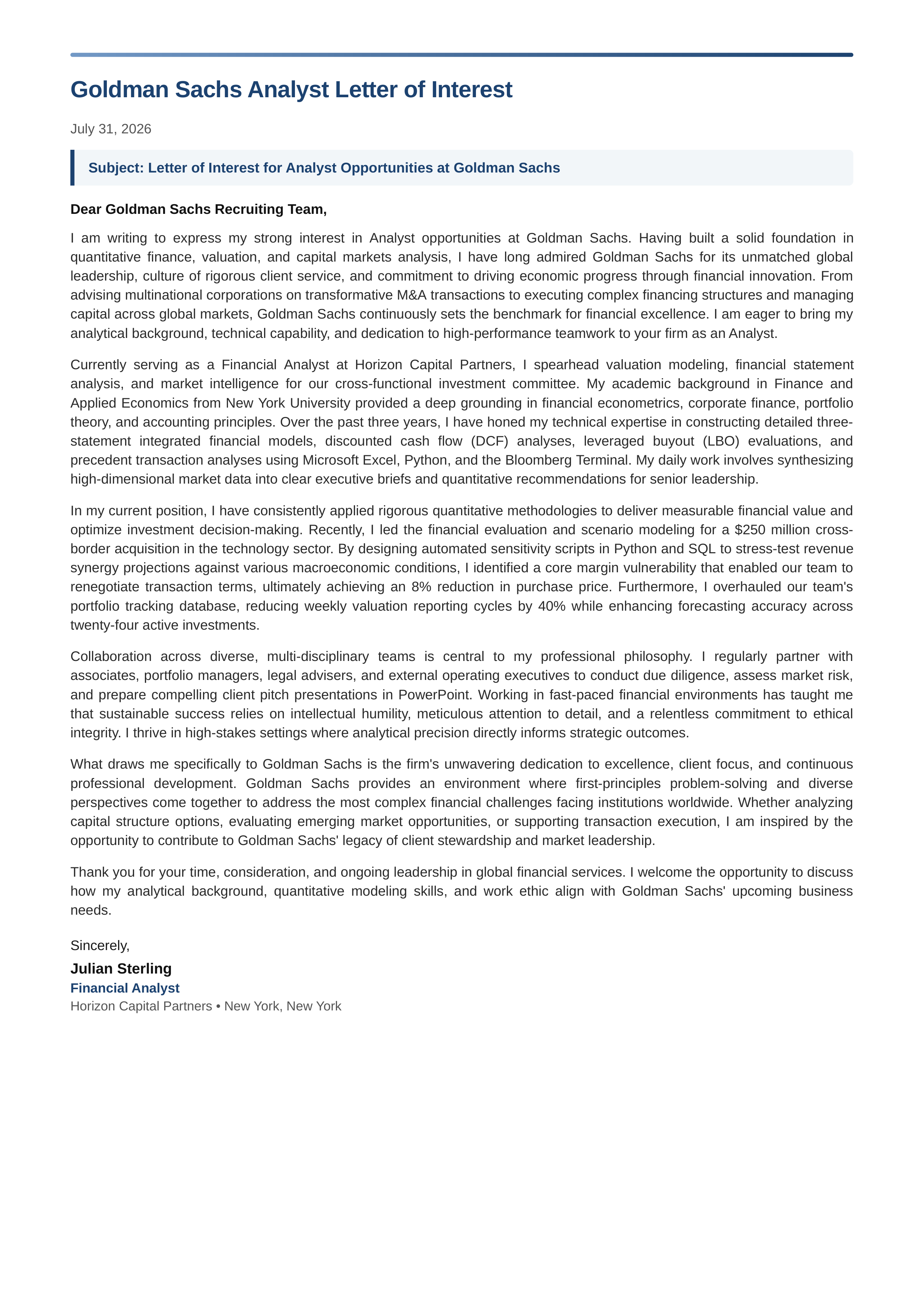 Goldman Sachs Analyst Letter of Interest — page 1