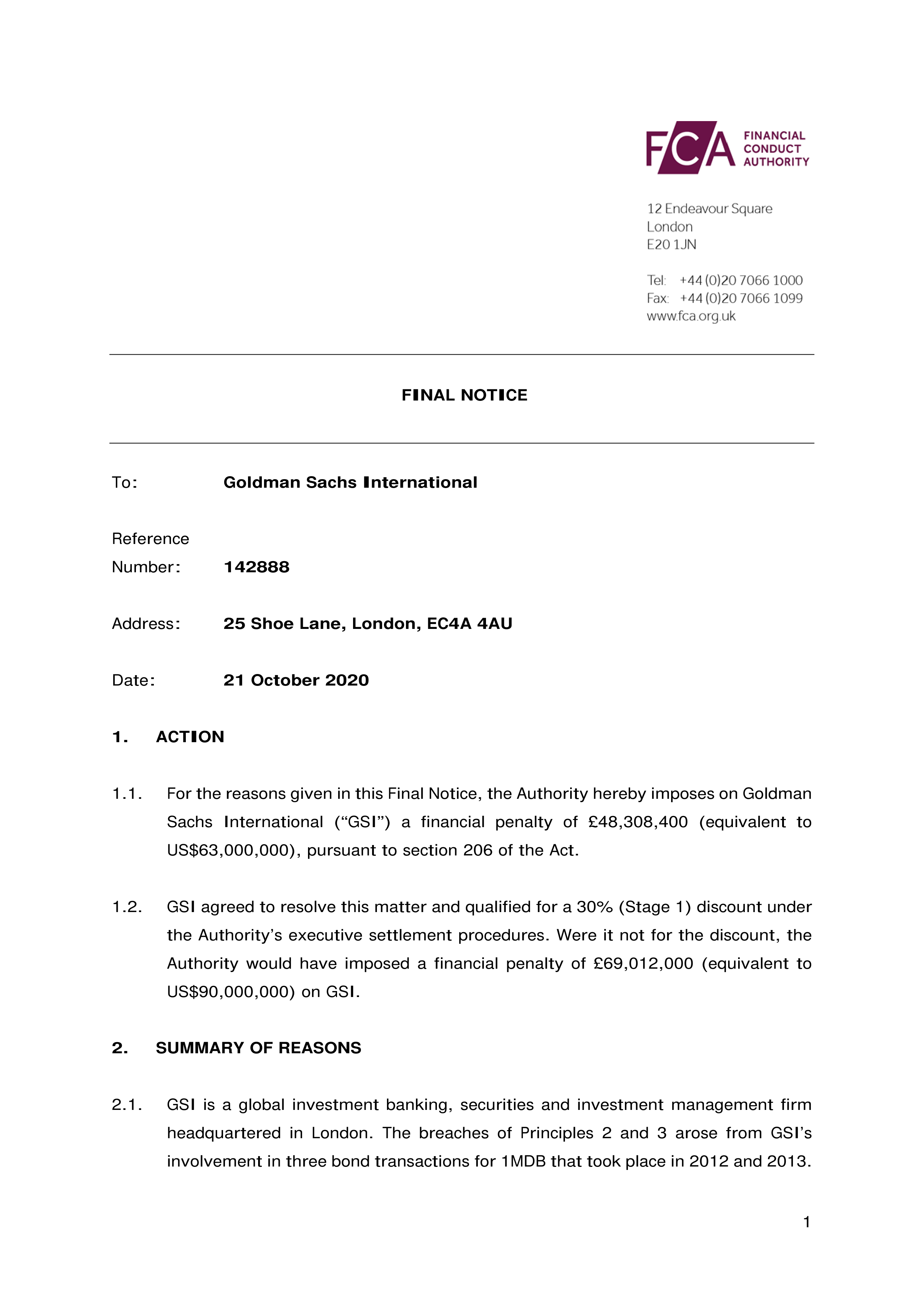 Goldman Sachs FCA Final Notice — page 1
