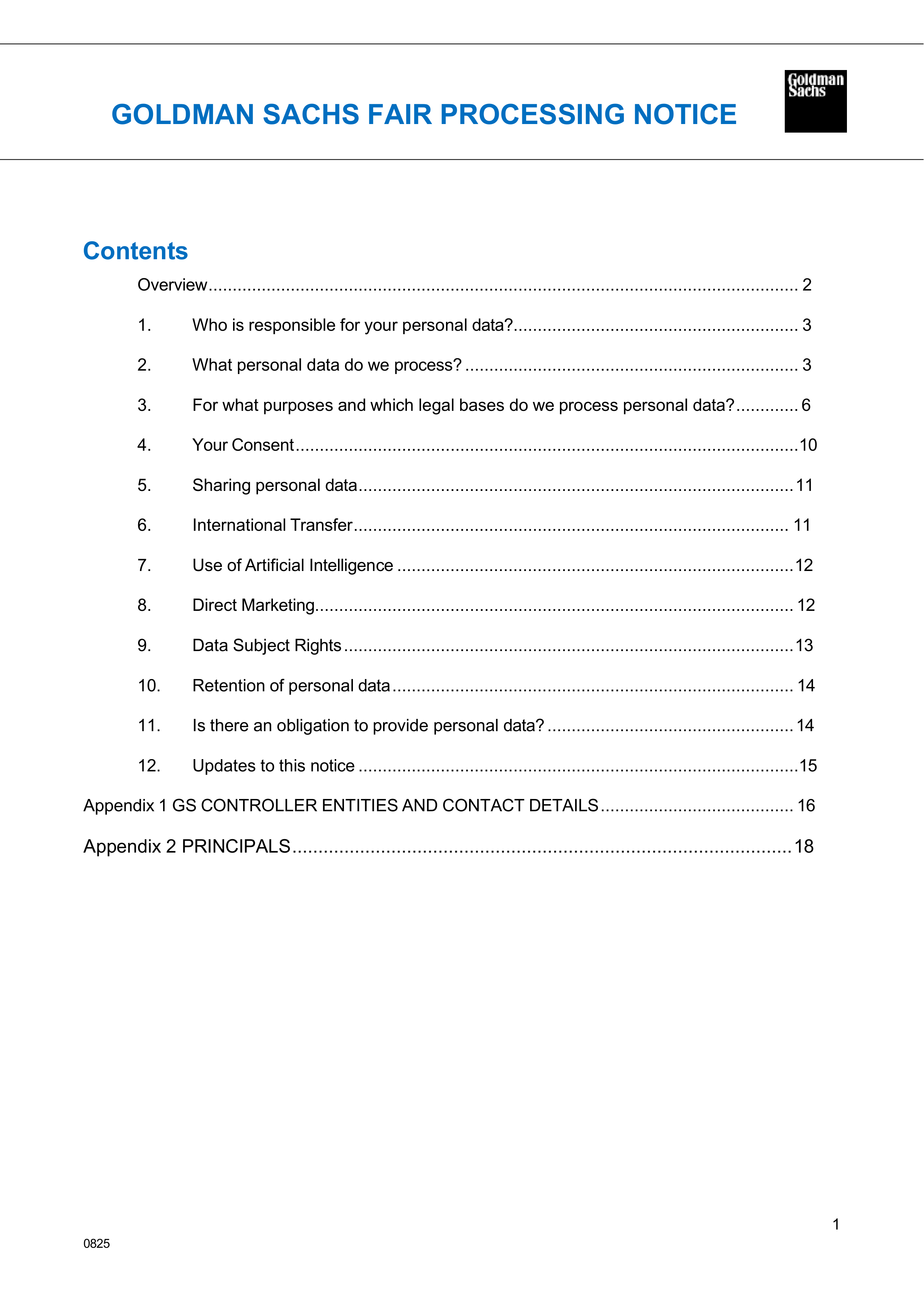 Goldman Sachs Fair Processing Notice — page 1