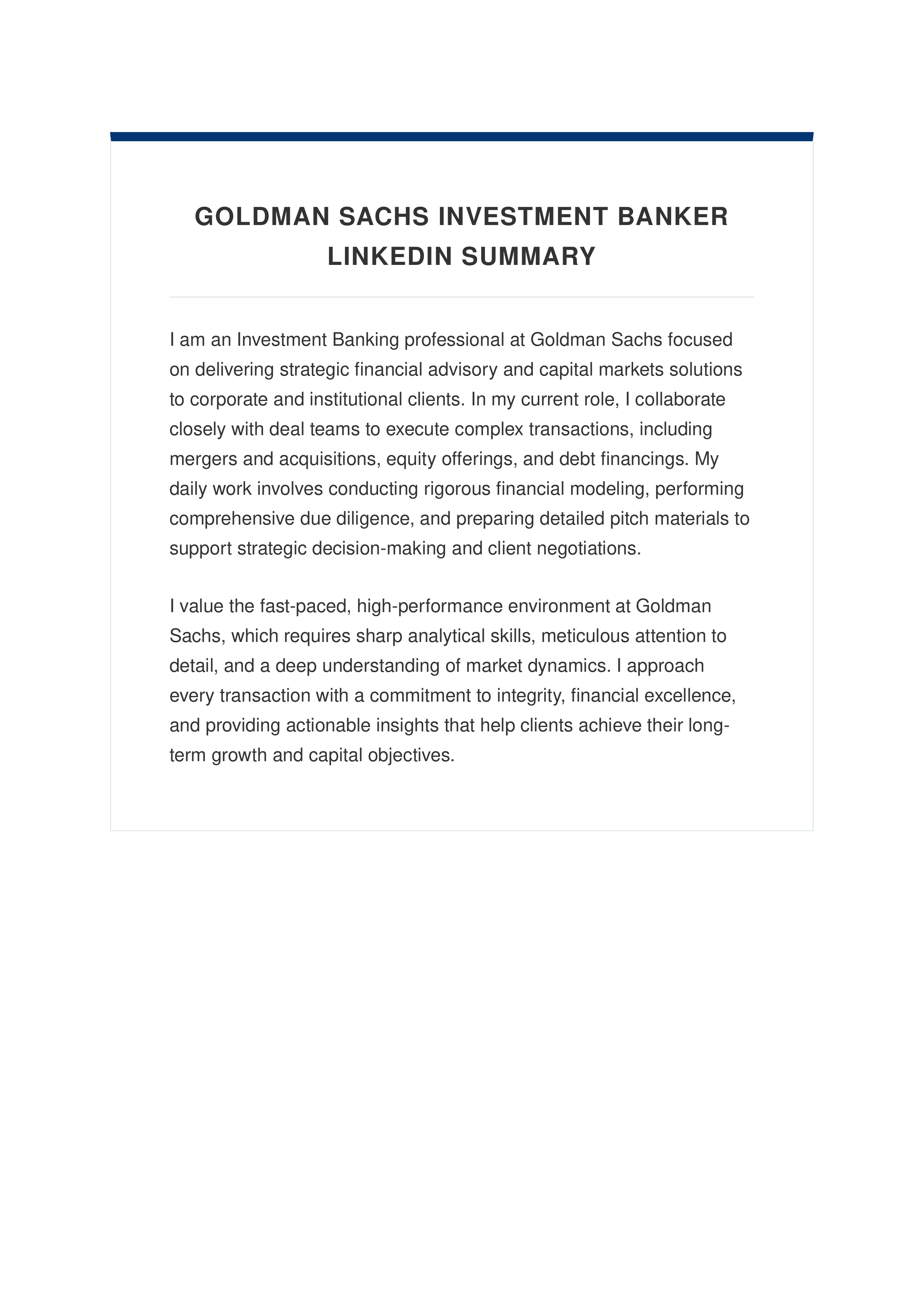 Goldman Sachs Investment Banker LinkedIn Summary — page 1