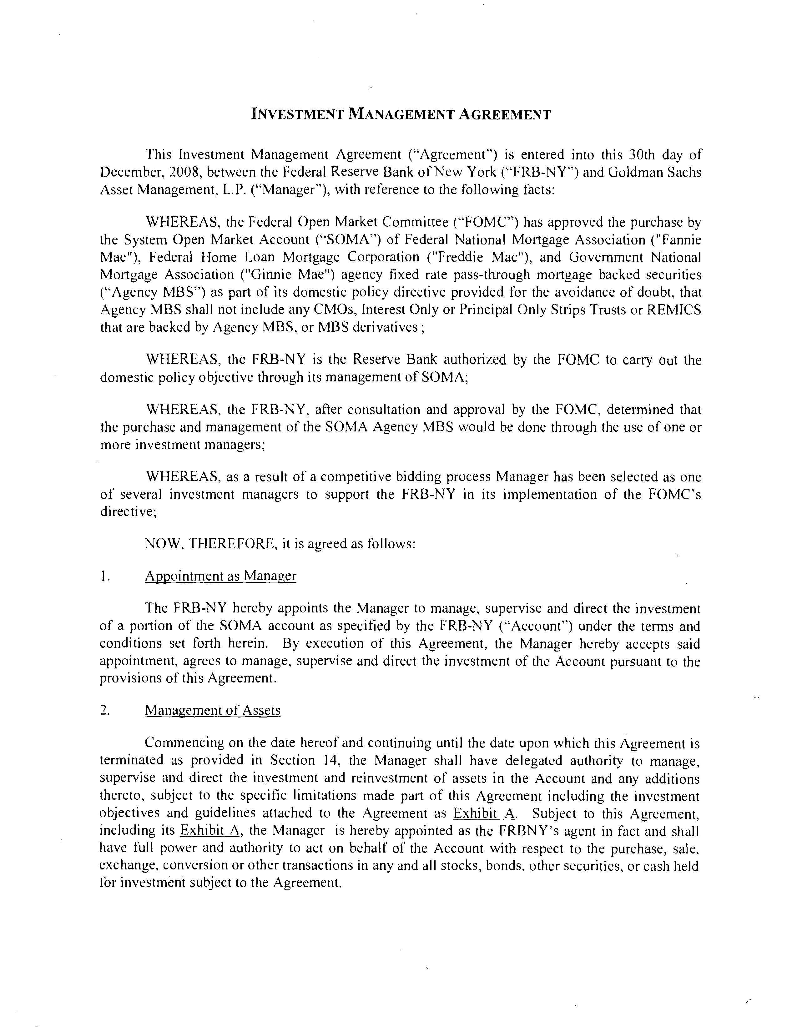 Goldman Sachs Investment Management Agreement — page 1