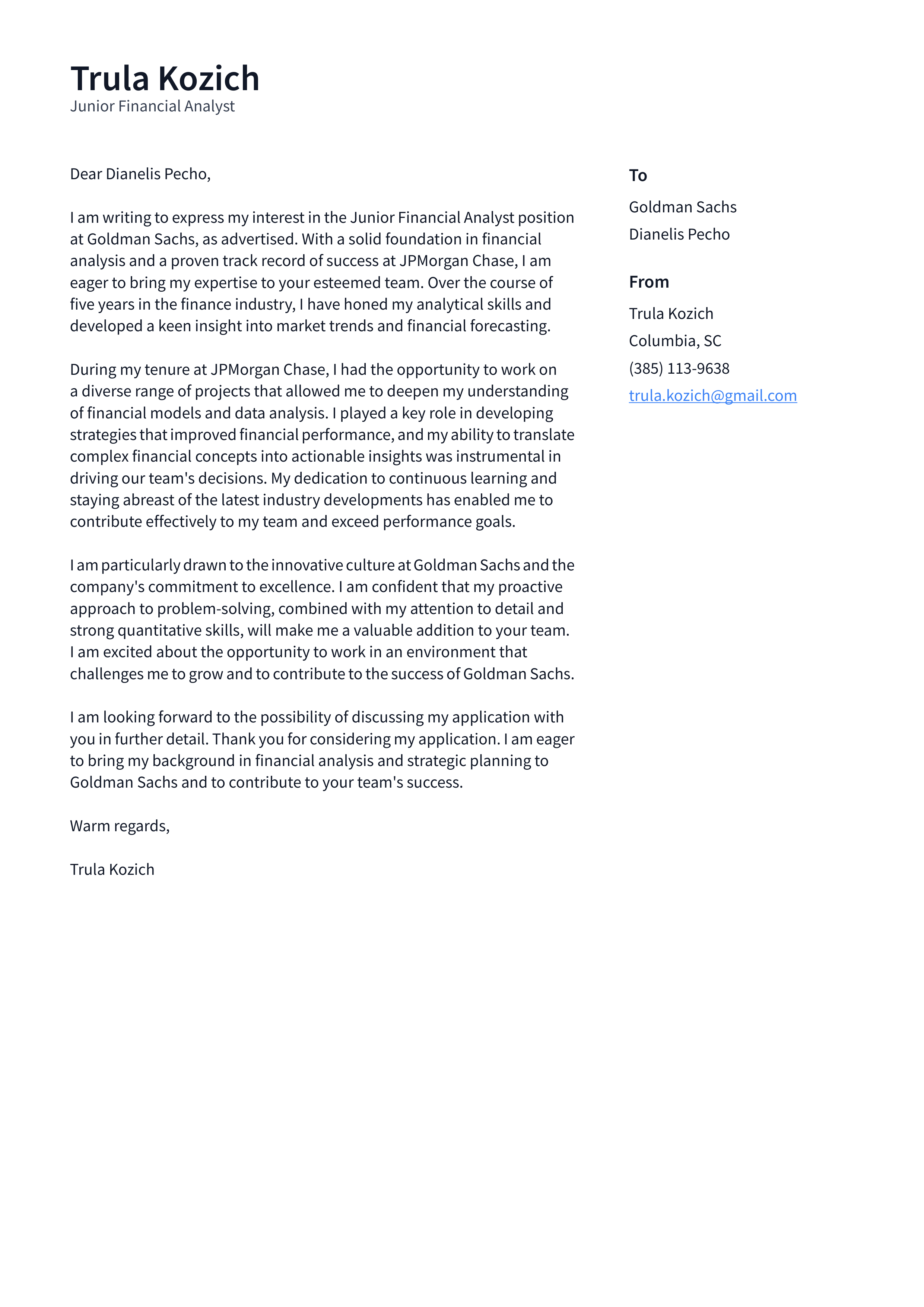 Goldman Sachs Junior Financial Analyst Cover Letter — page 1