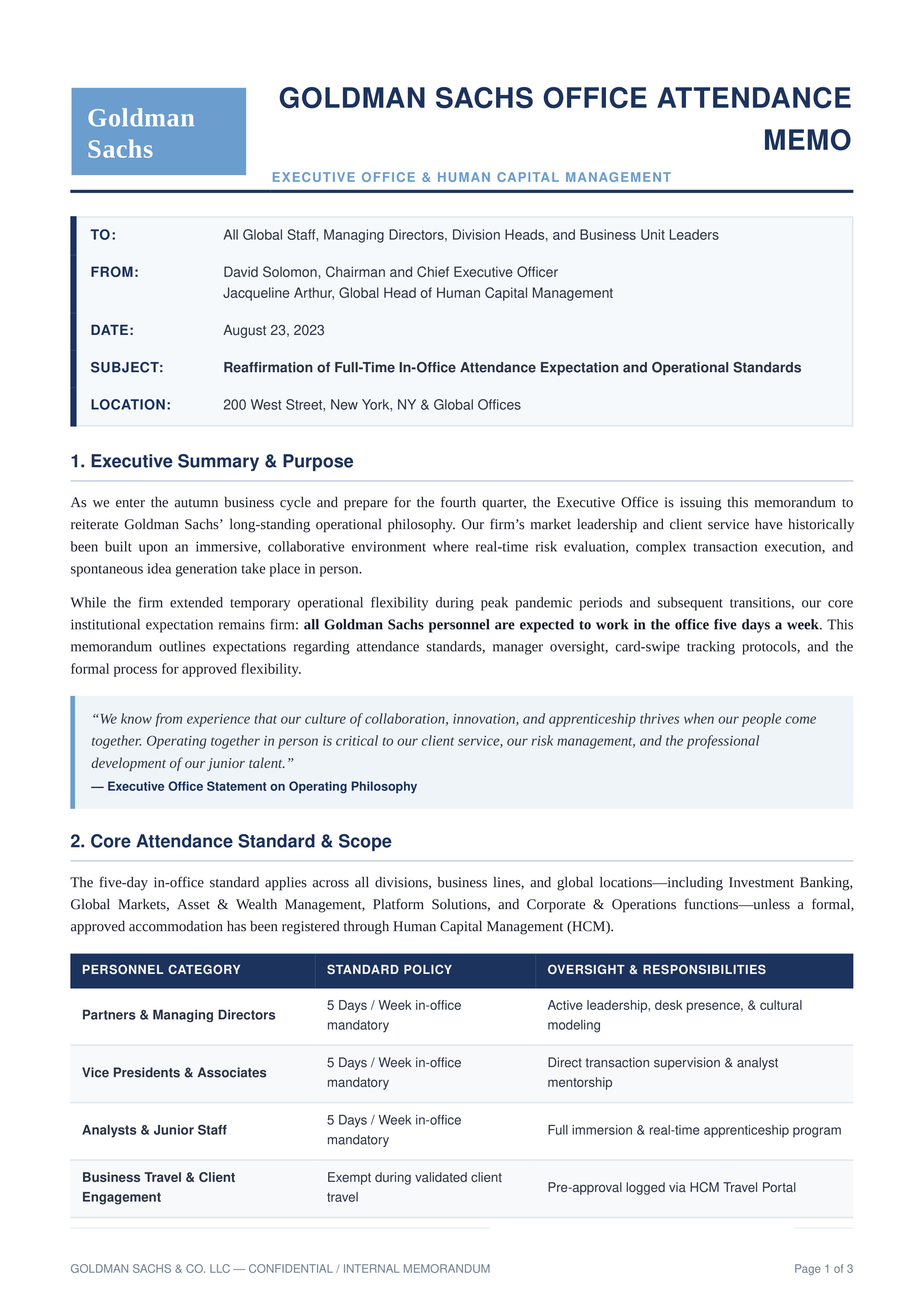 Goldman Sachs Office Attendance Memo — page 1