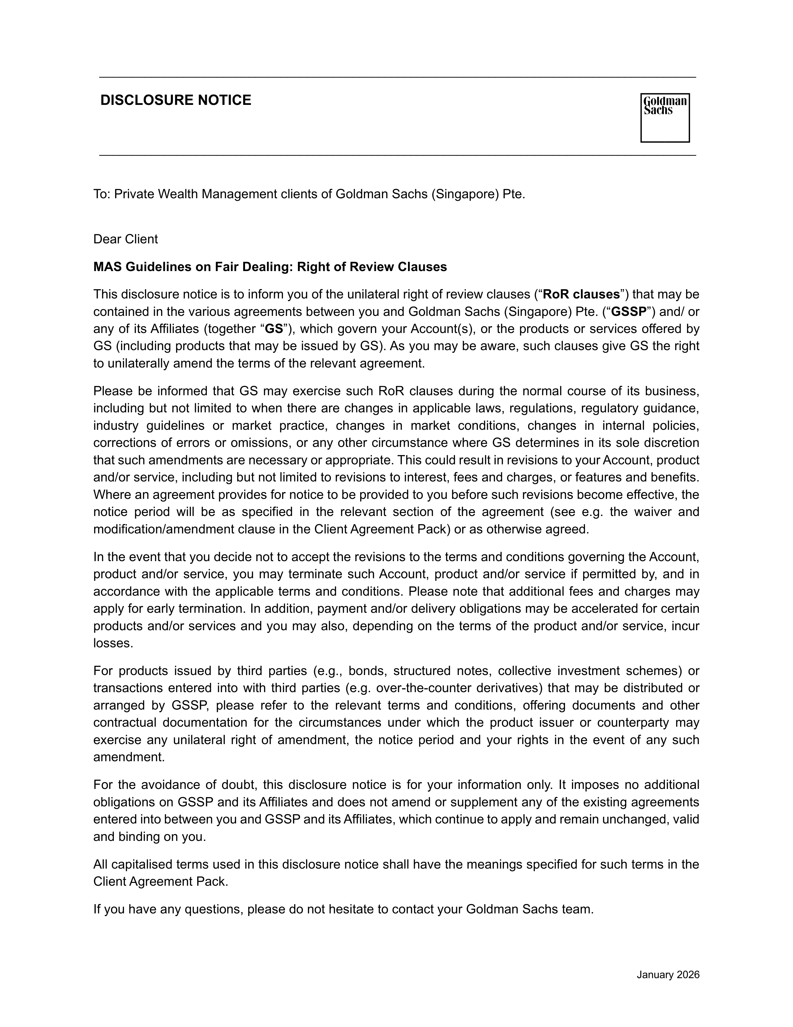 Goldman Sachs Right of Review Disclosure Notice — page 1