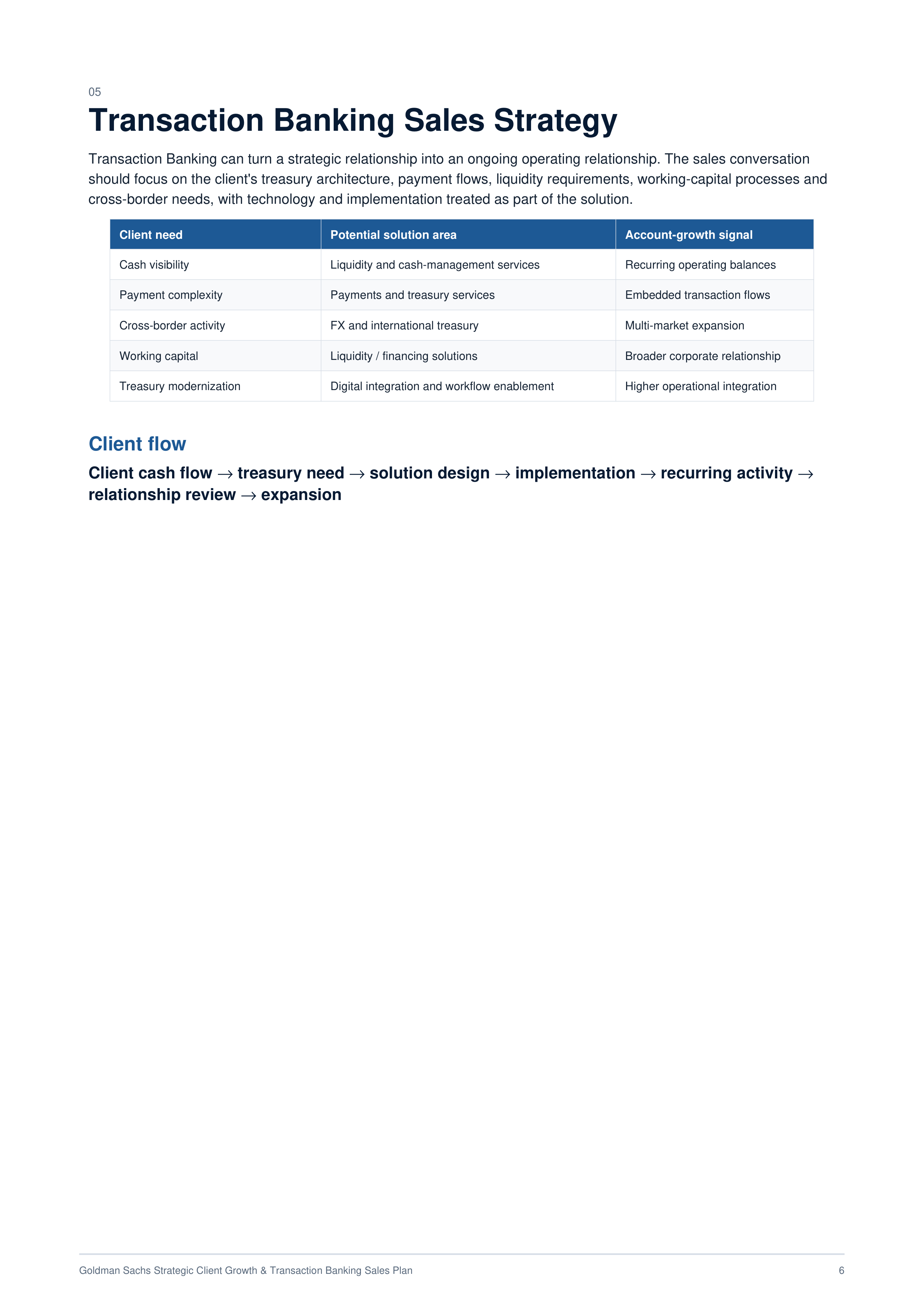 Goldman Sachs Strategic Client Growth & Transaction Banking Sales Plan — page 6