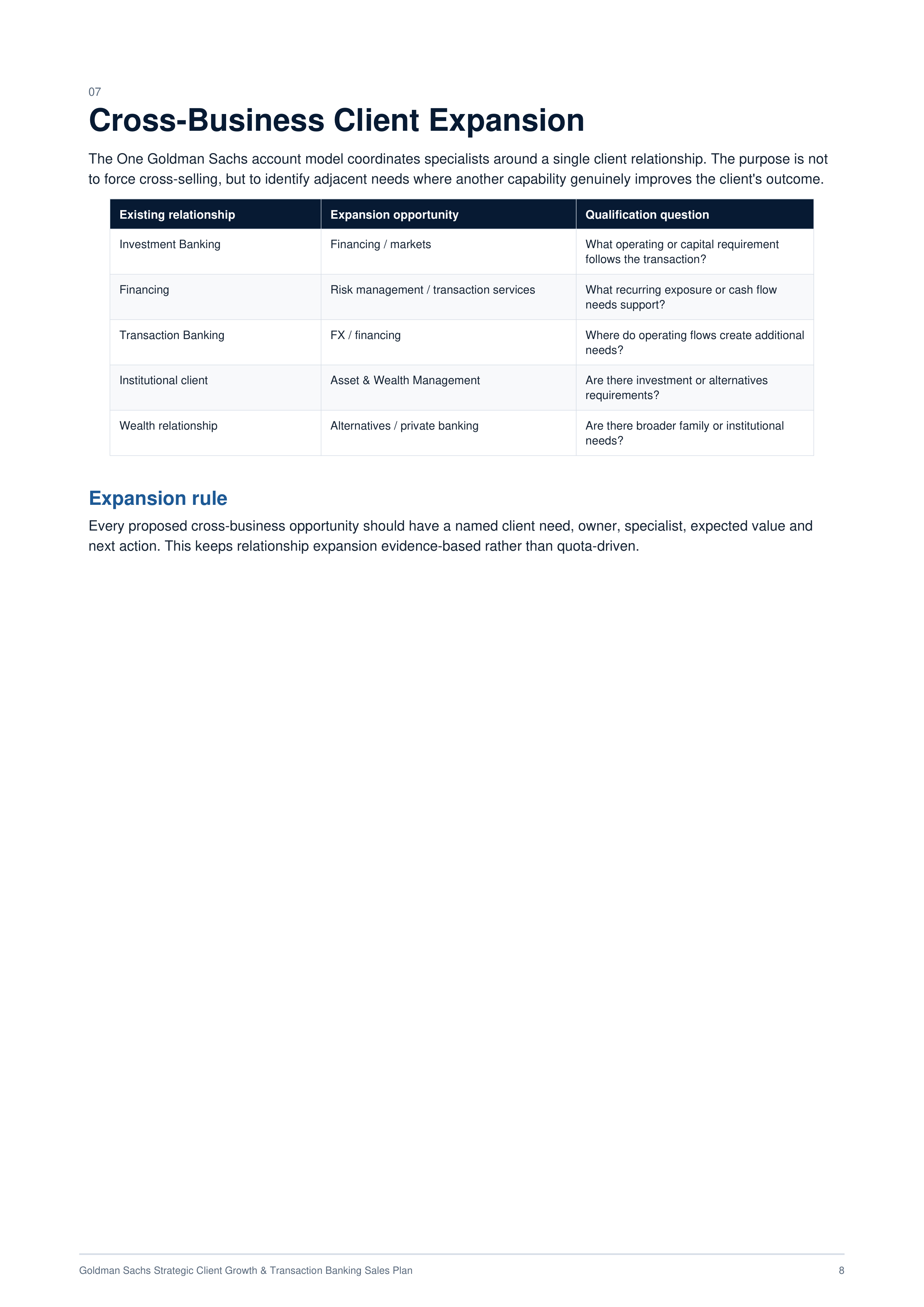 Goldman Sachs Strategic Client Growth & Transaction Banking Sales Plan — page 8