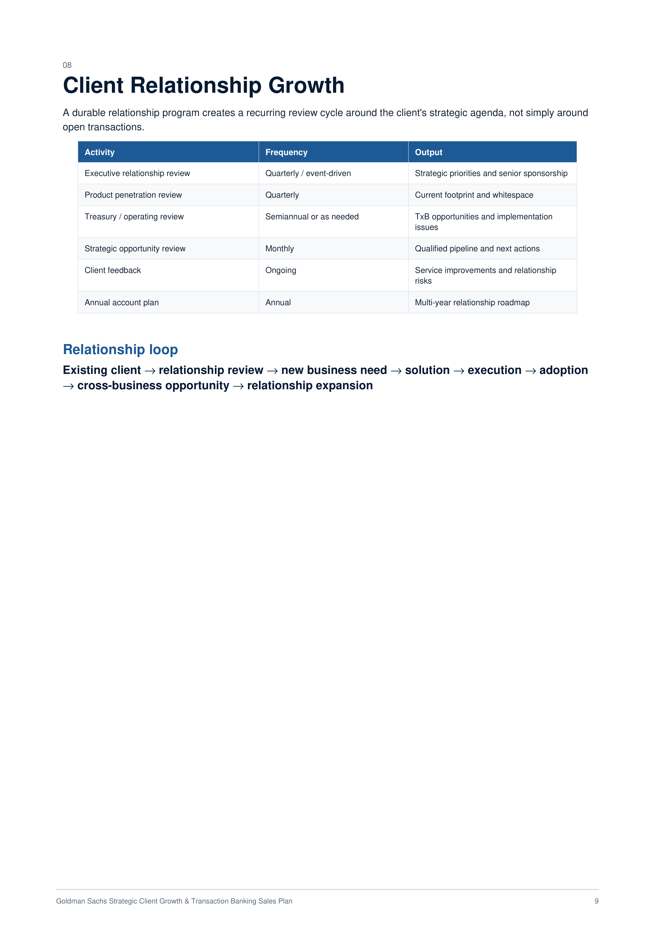 Goldman Sachs Strategic Client Growth & Transaction Banking Sales Plan — page 9