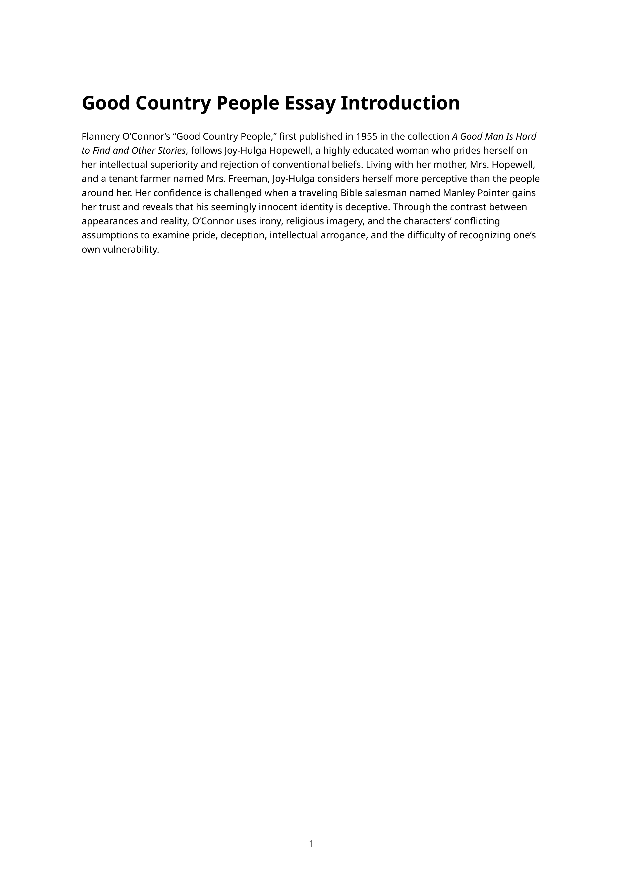 Good Country People Essay Introduction — page 1