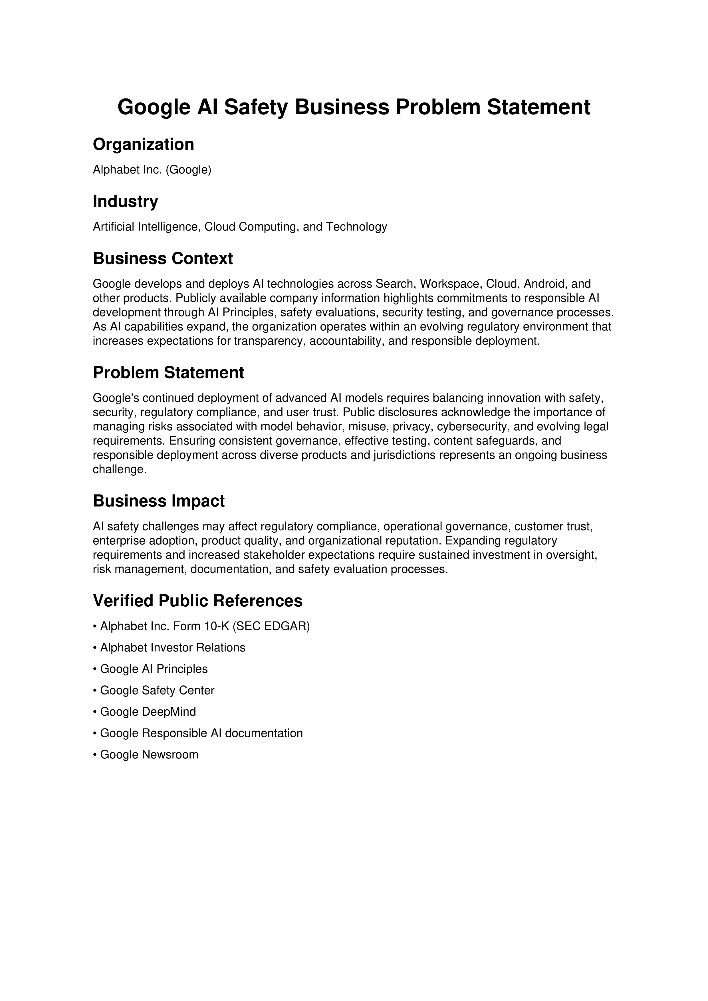 Google AI Safety Problem Statement — page 1