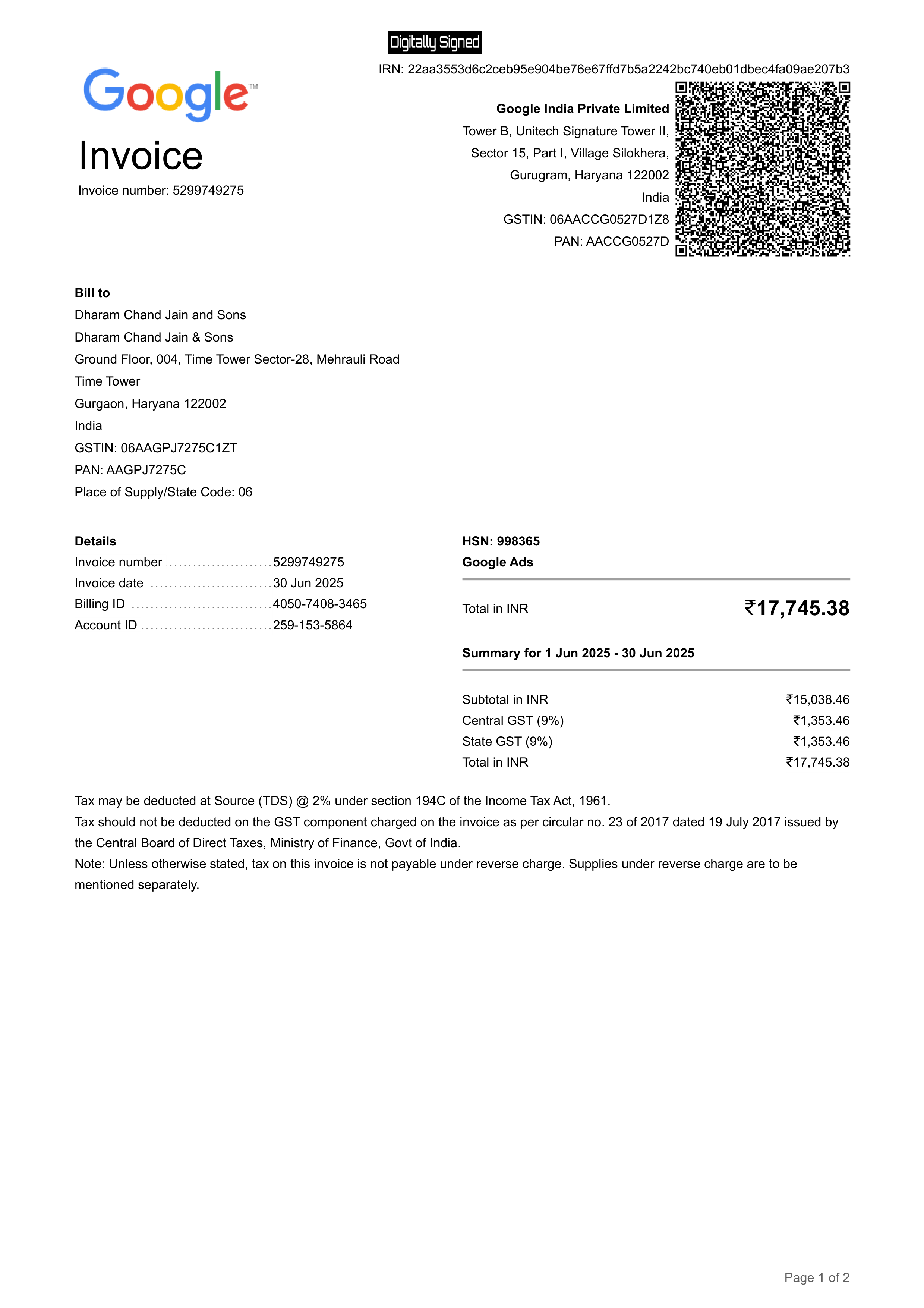 Google Ads Invoice — page 1