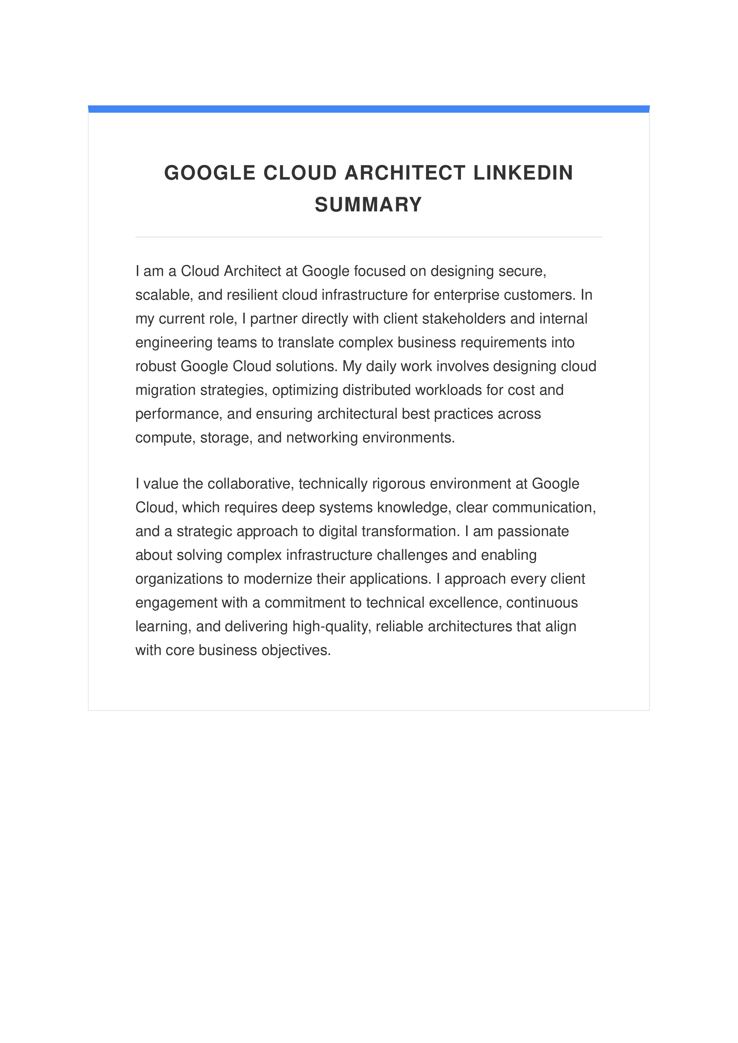 Google Cloud Architect LinkedIn Summary — page 1