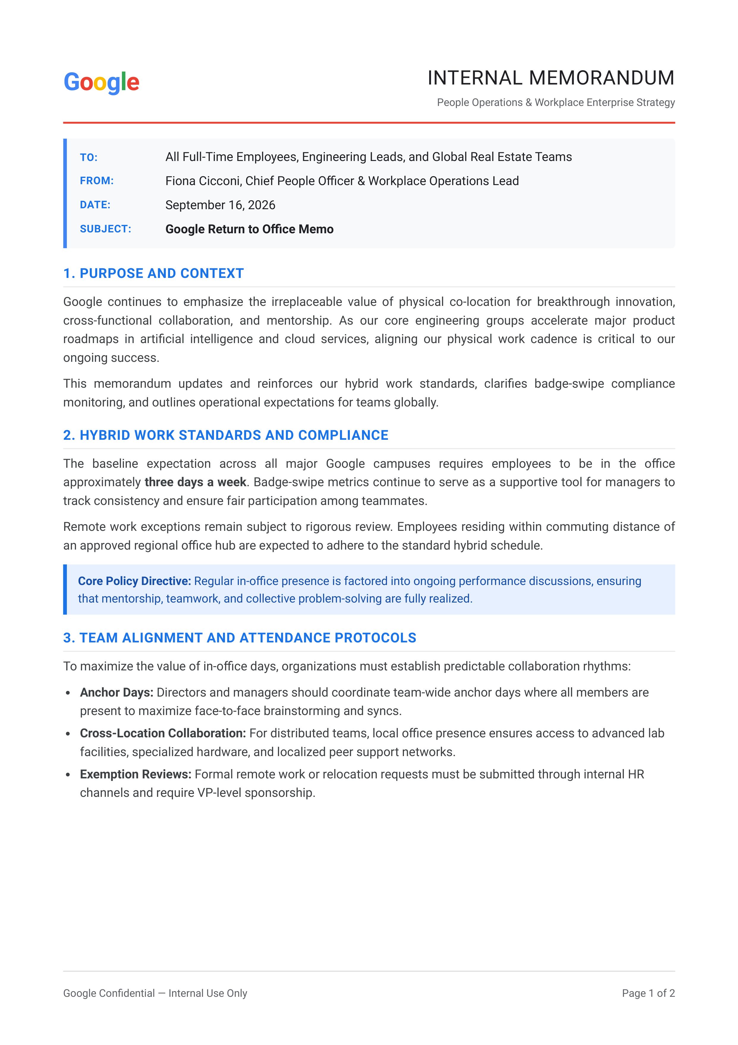 Google Return to Office Memo — page 1