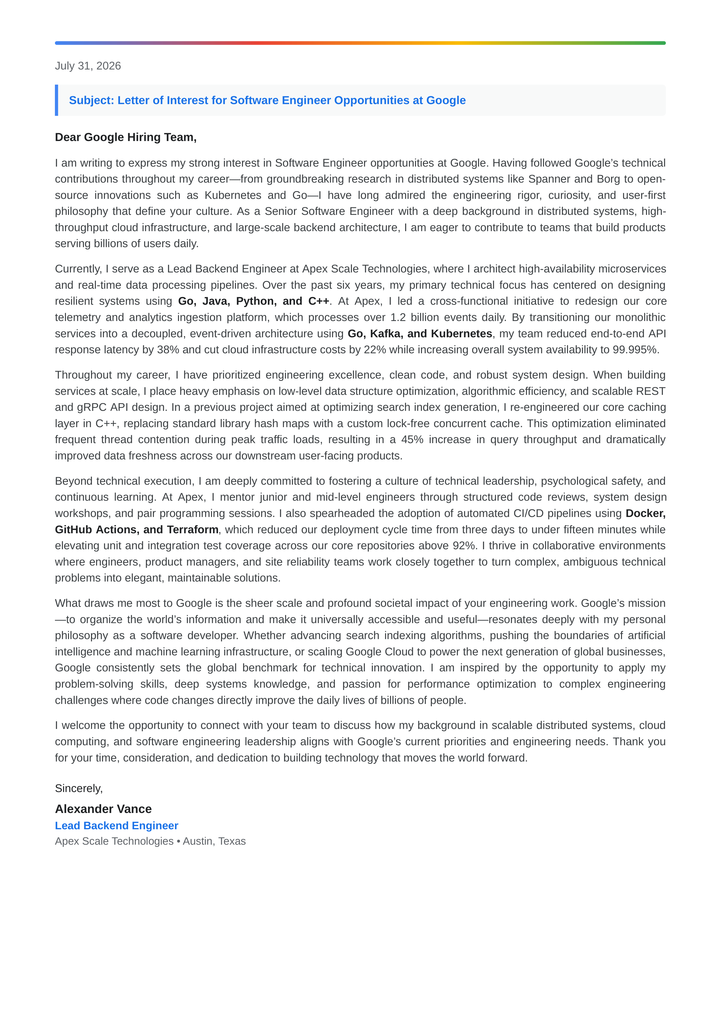 Google Software Engineer Letter of Interest — page 1