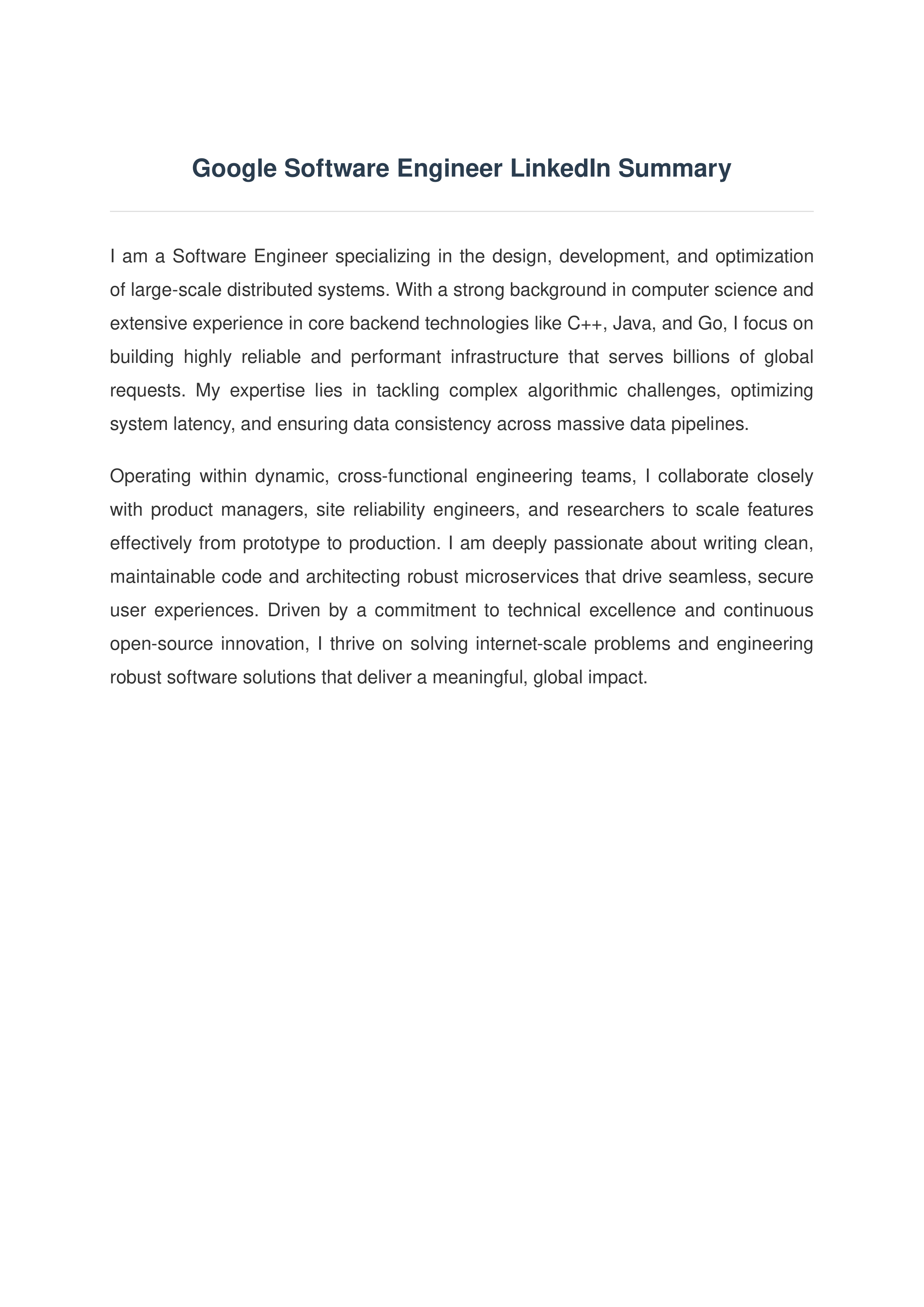 Google Software Engineer LinkedIn Summary — page 1