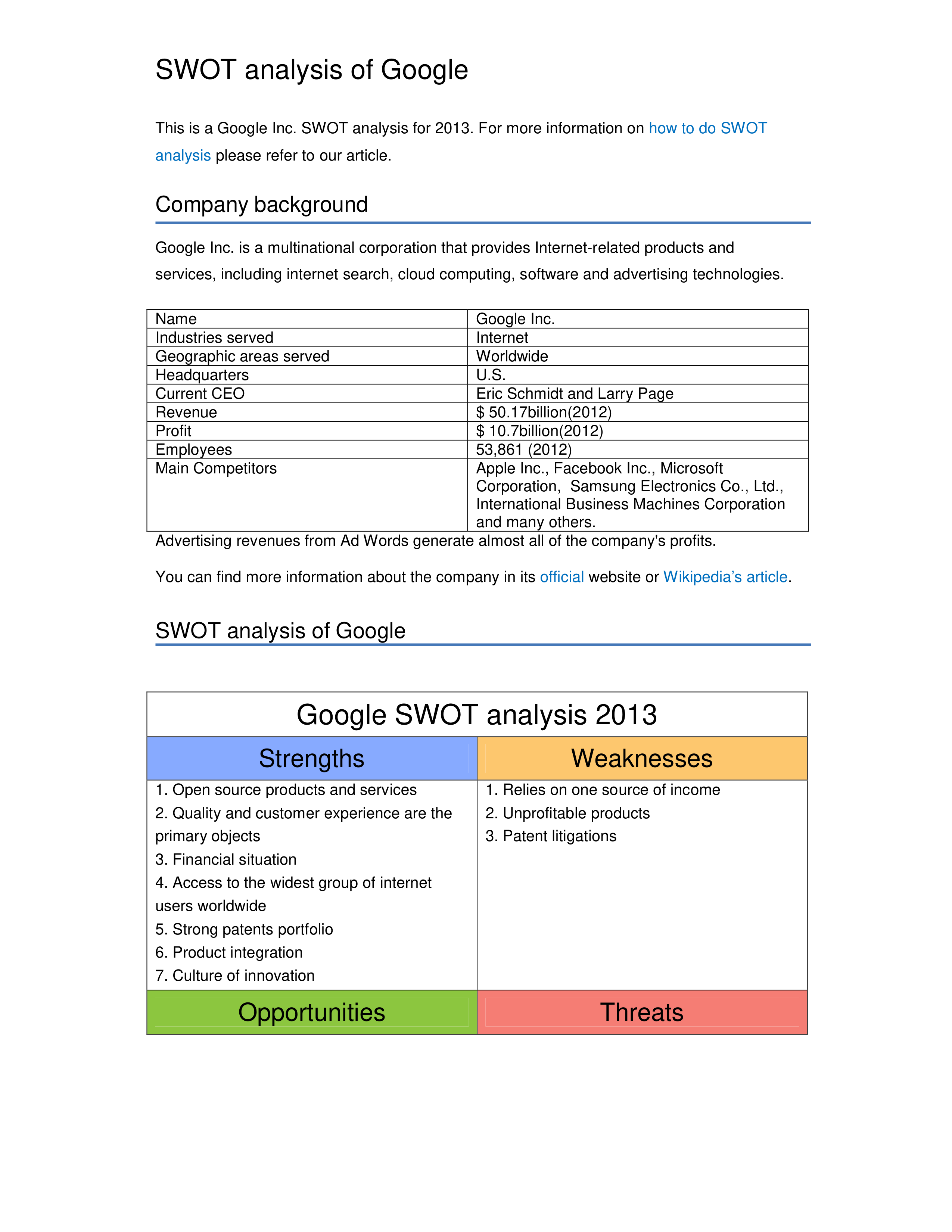 Google Swot Analysis  — page 1