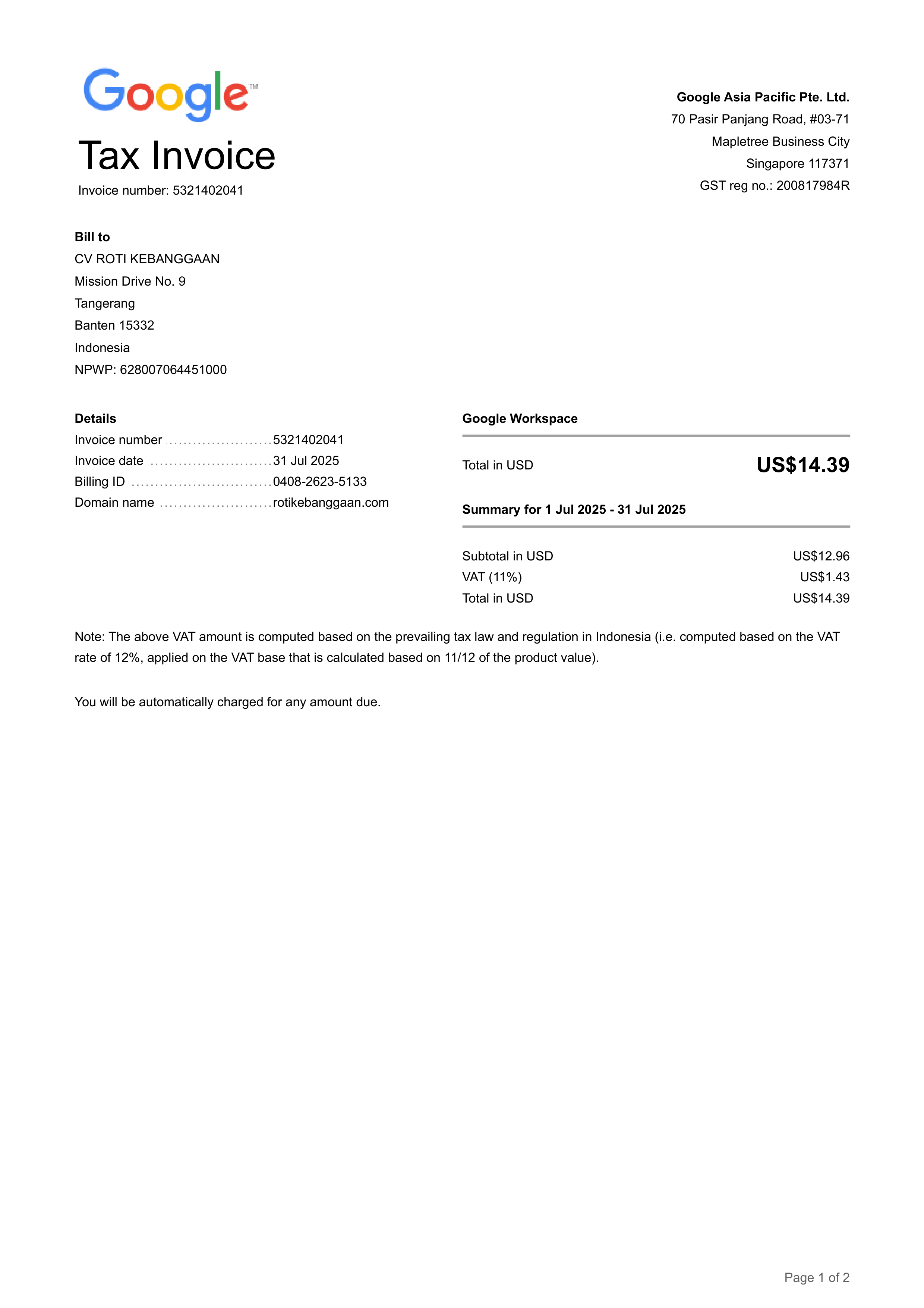 Google Workspace Tax Invoice — page 1