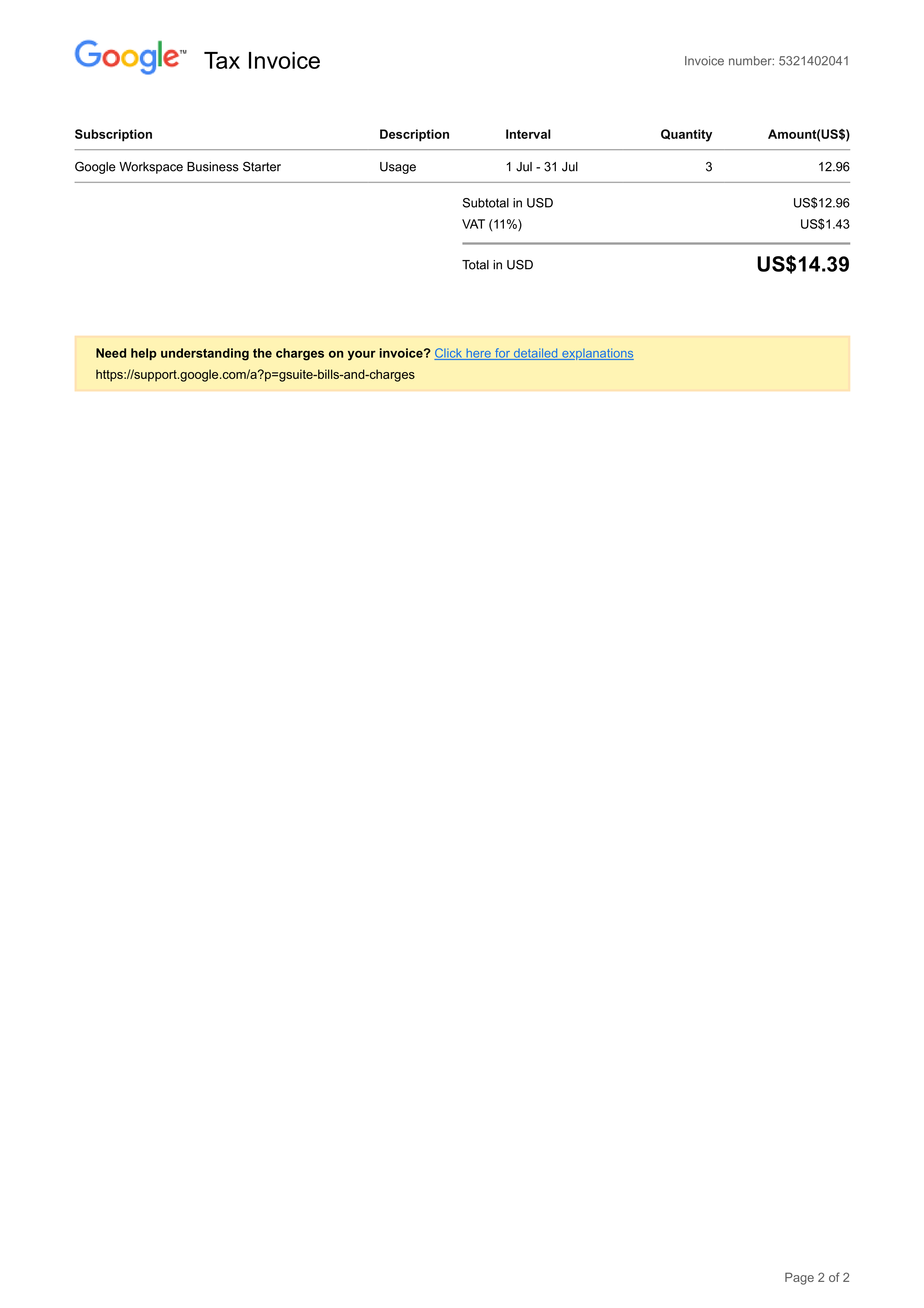 Google Workspace Tax Invoice — page 2