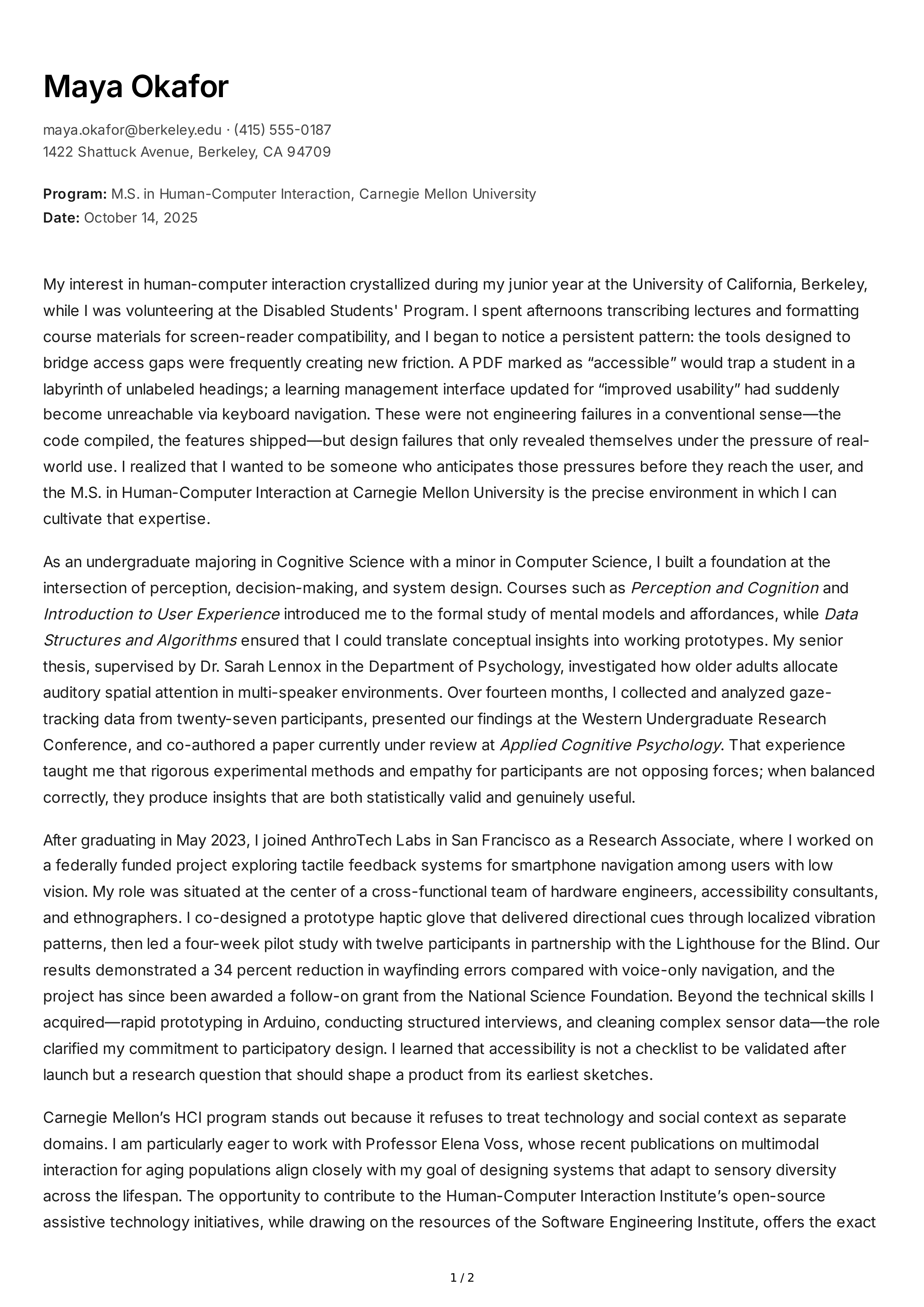 Graduate School Personal Statement — page 1