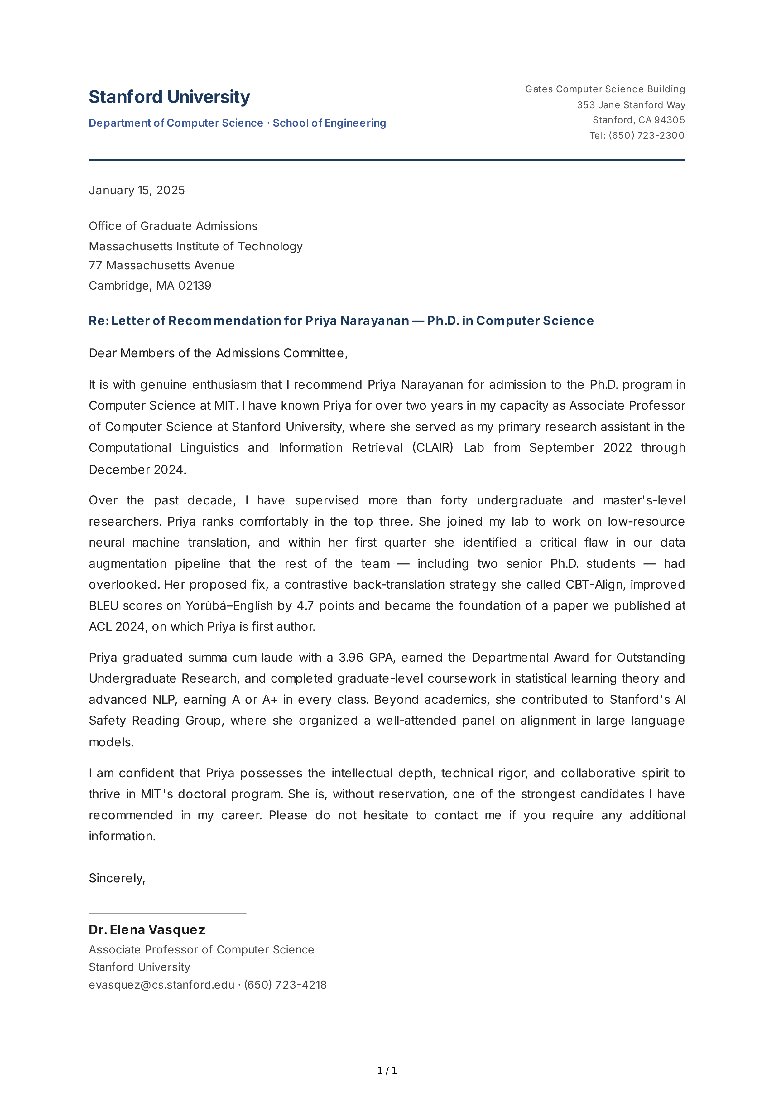 Graduate School Reference Letter — page 1