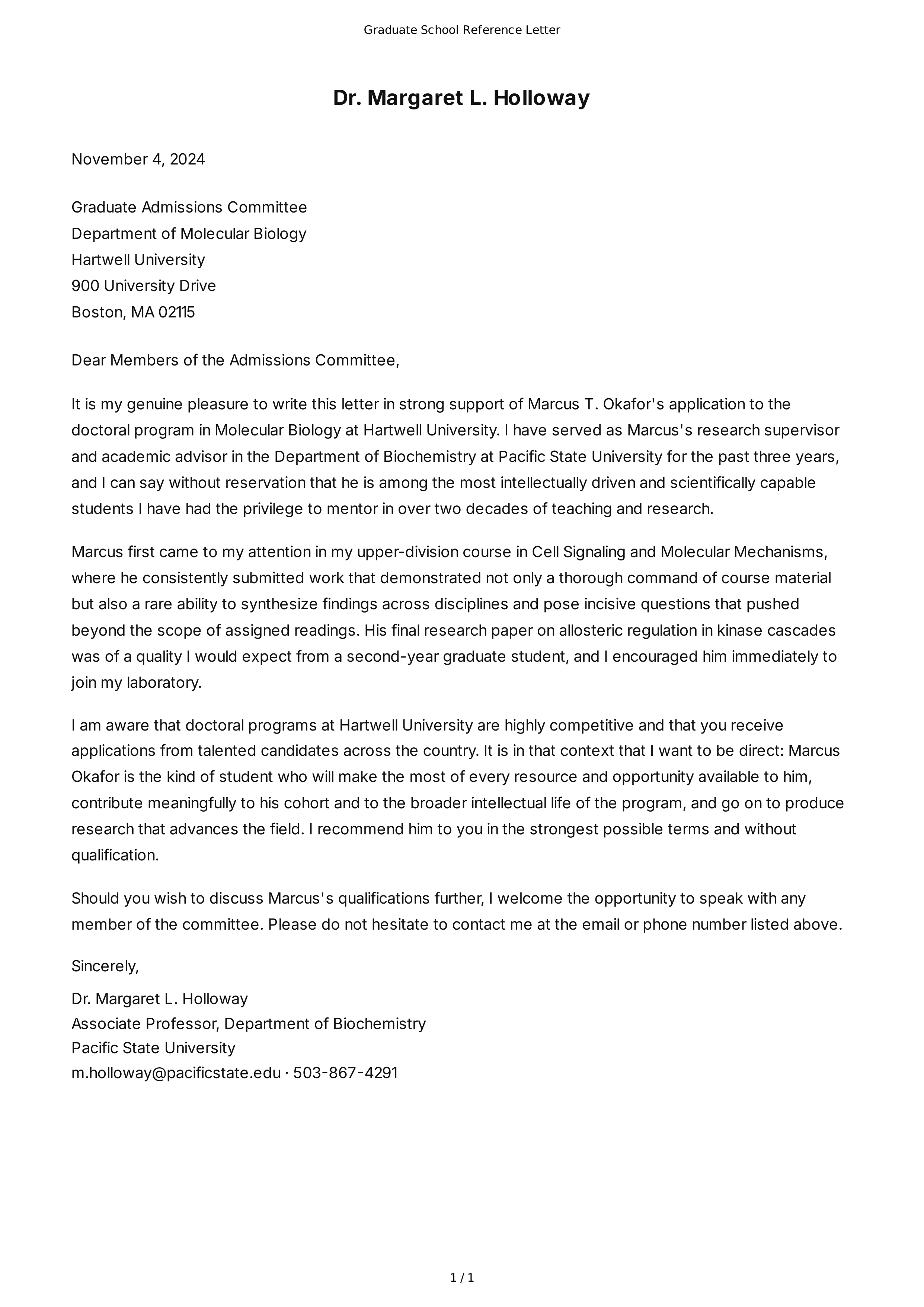 Graduate School Reference Letter — page 1