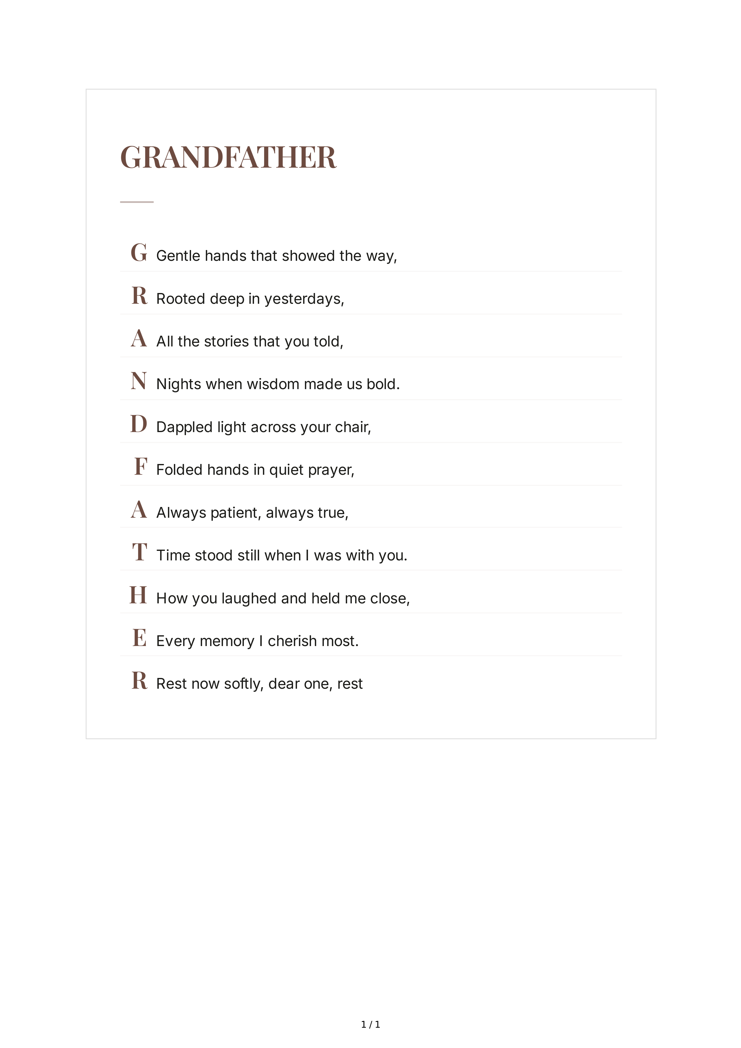 Grandfather Acrostic Poem — page 1