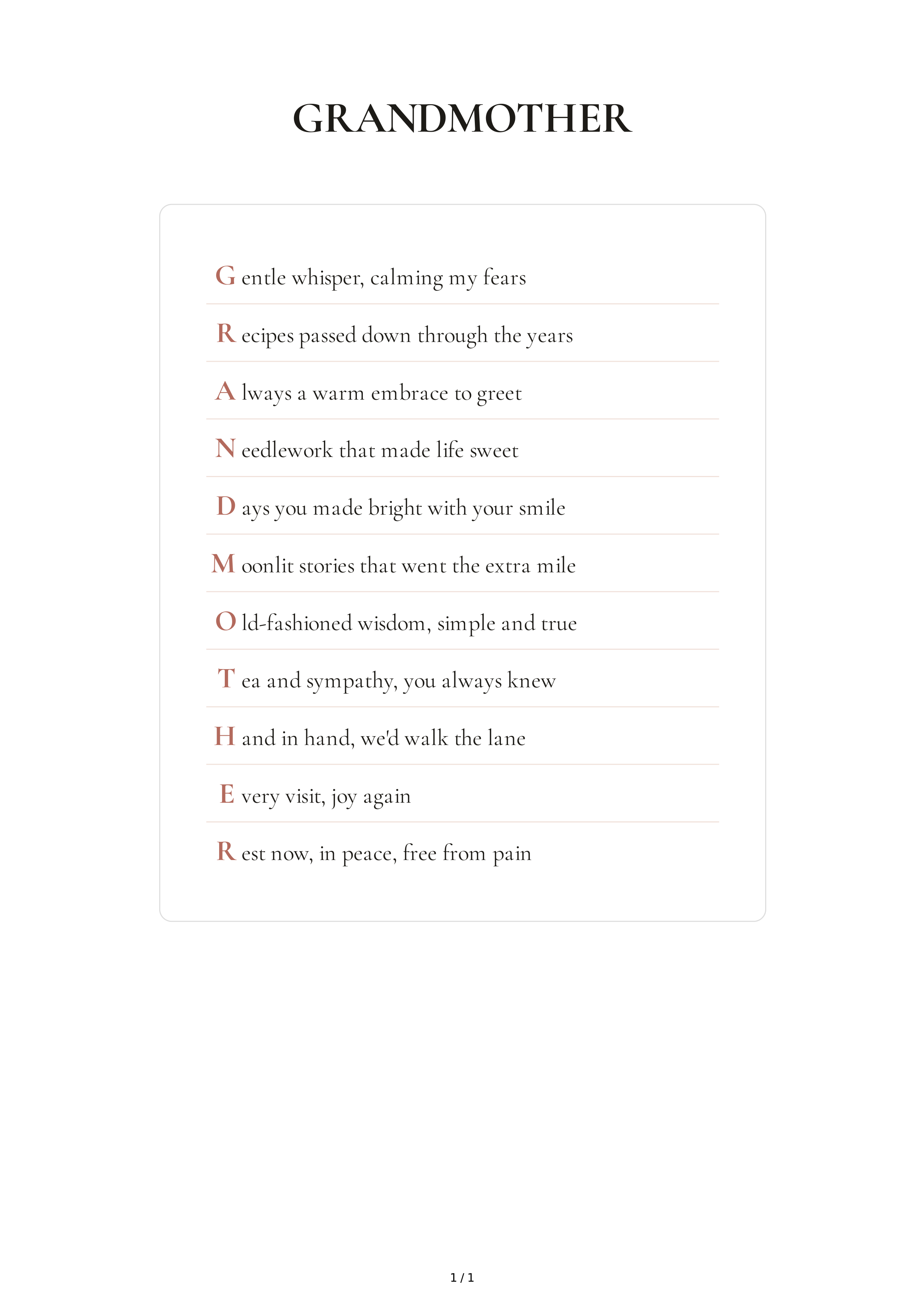 Grandmother Acrostic Poem — page 1