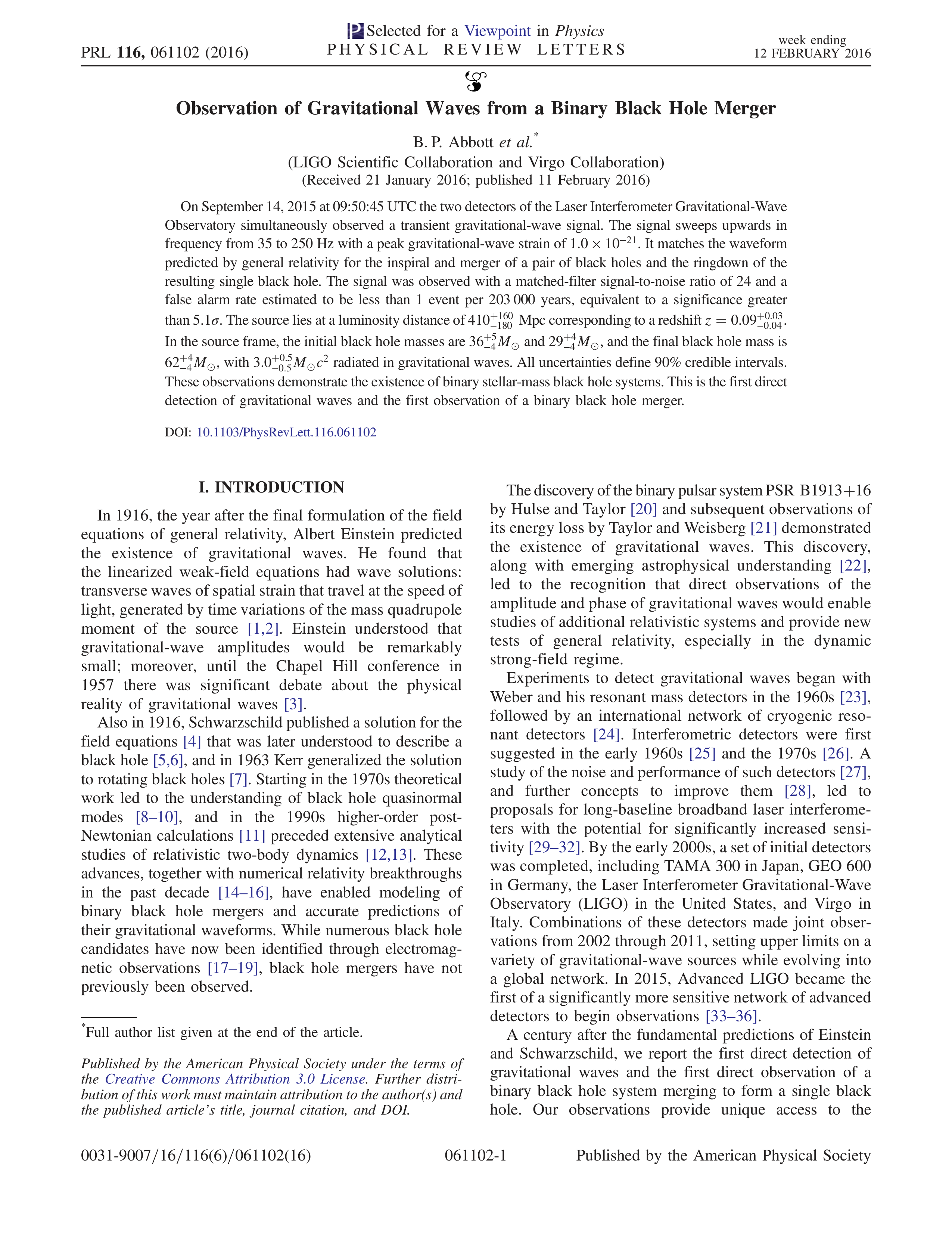 Gravitational Waves Research Paper by LIGO and Virgo Collaboration — page 1