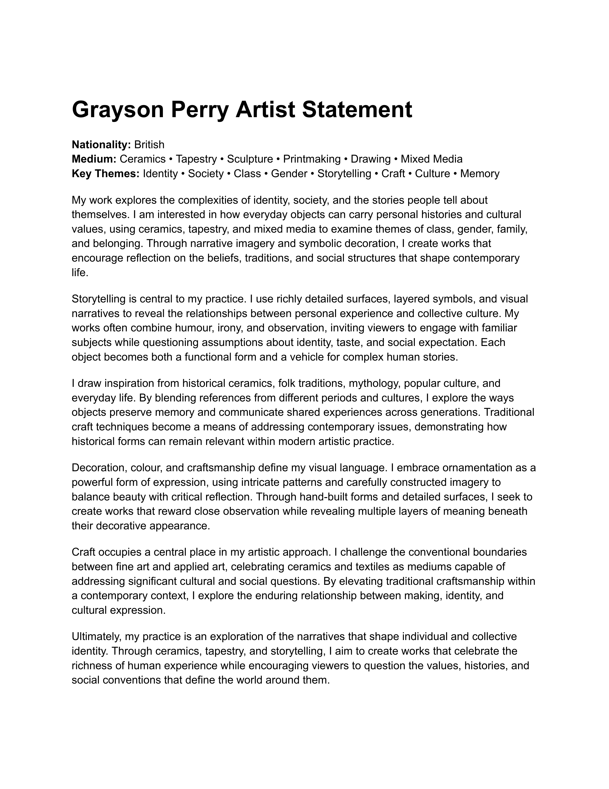 Grayson Perry Artist Statement — page 1