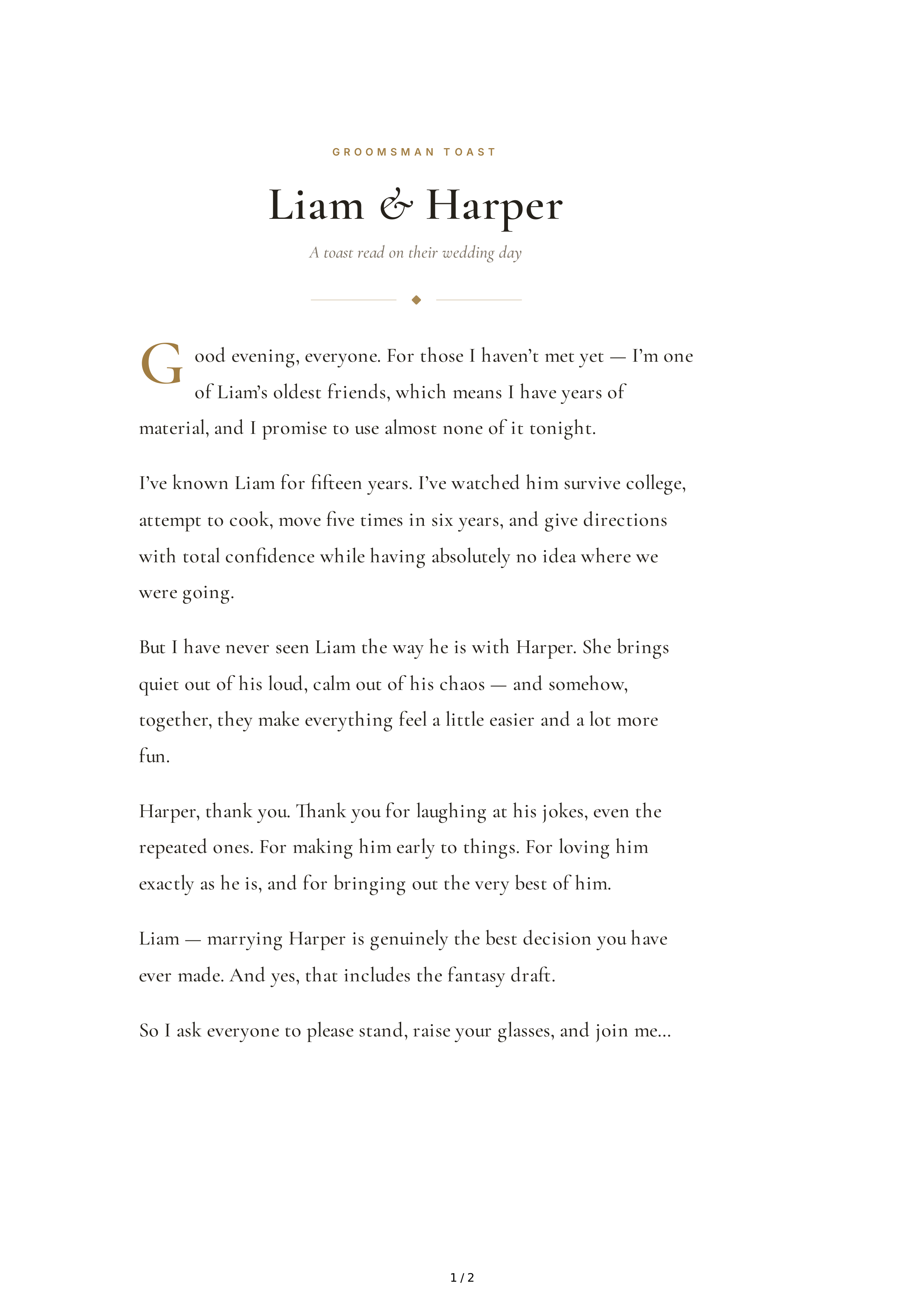 Groomsman Wedding Toast — page 1