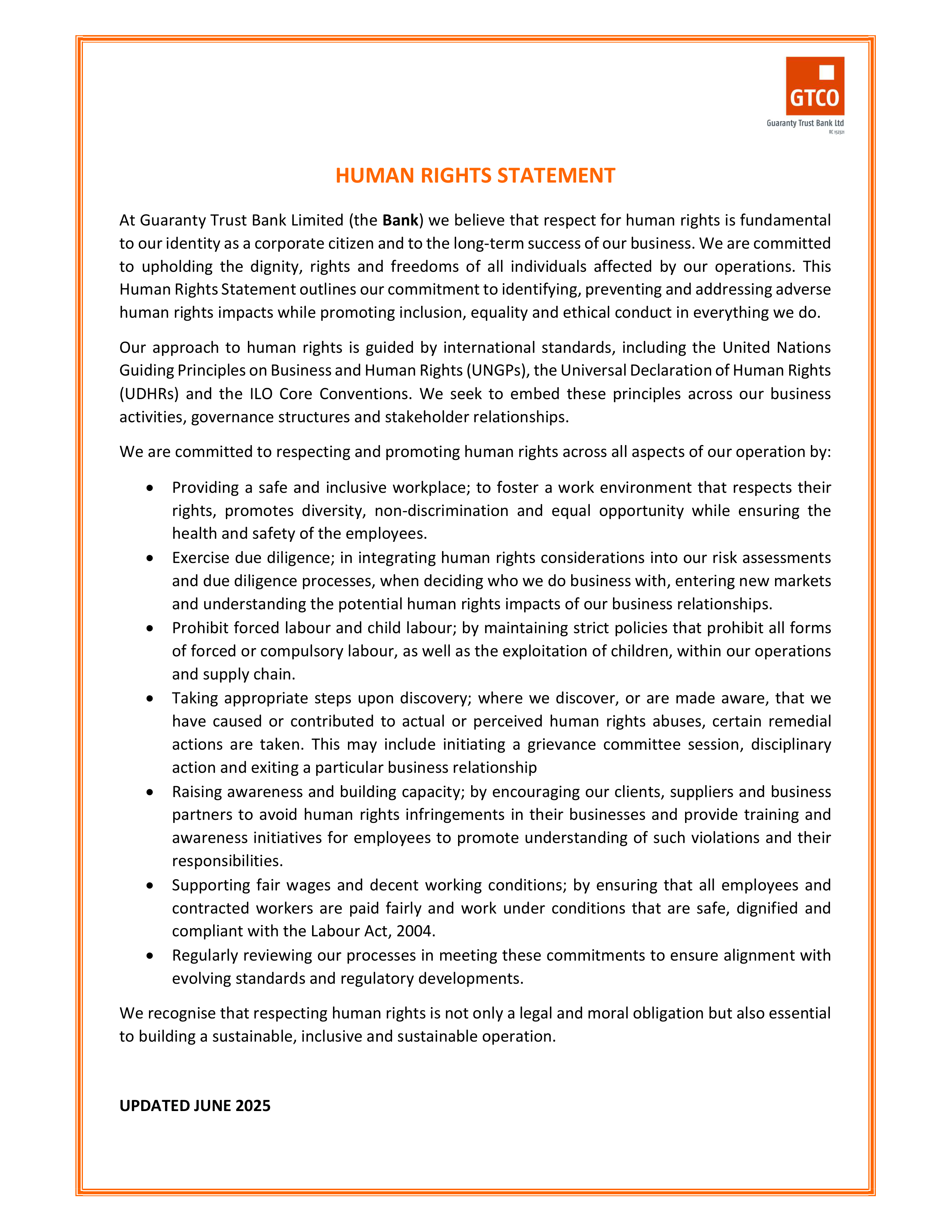 Guaranty Trust Bank Human Rights Statement — page 1