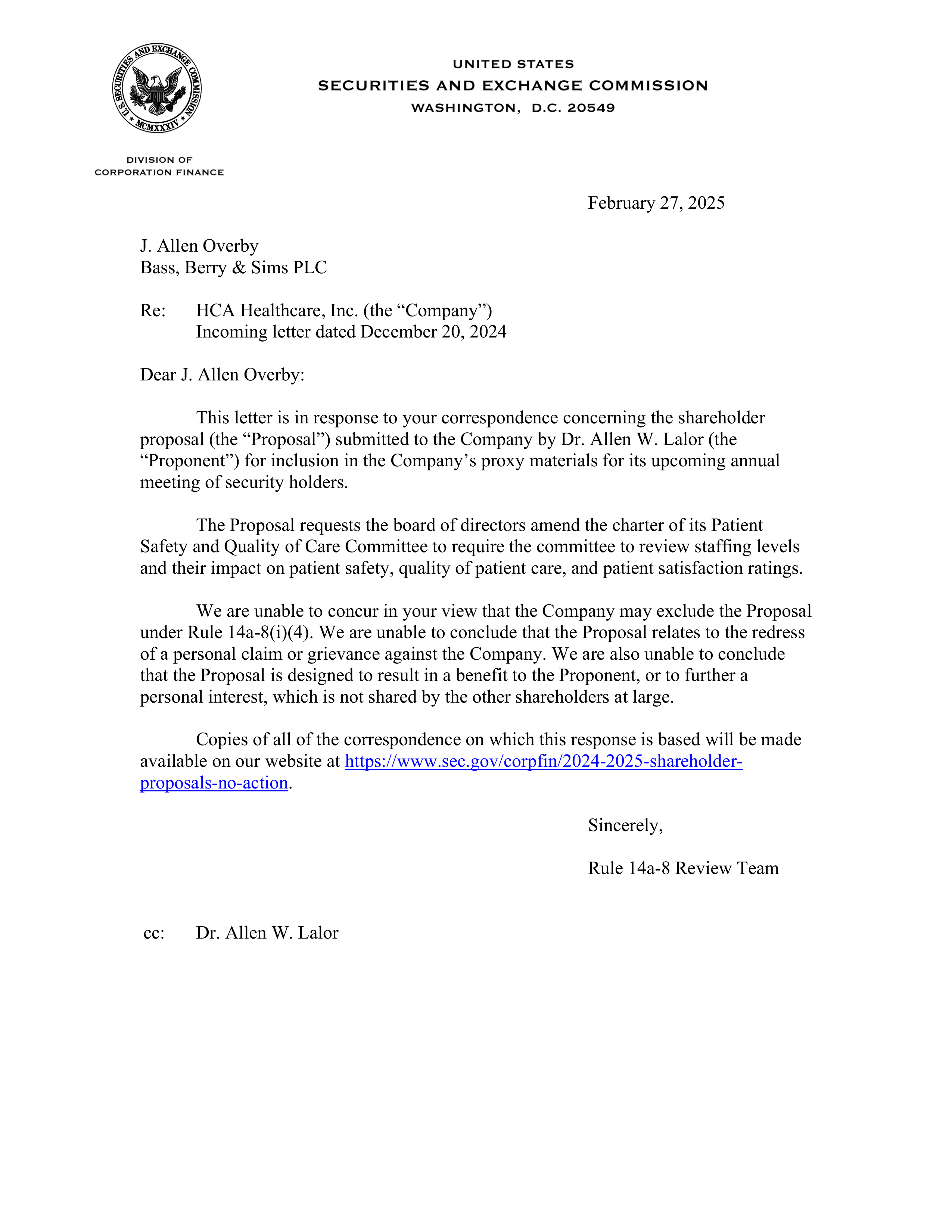 HCA Healthcare Proposal  — page 1