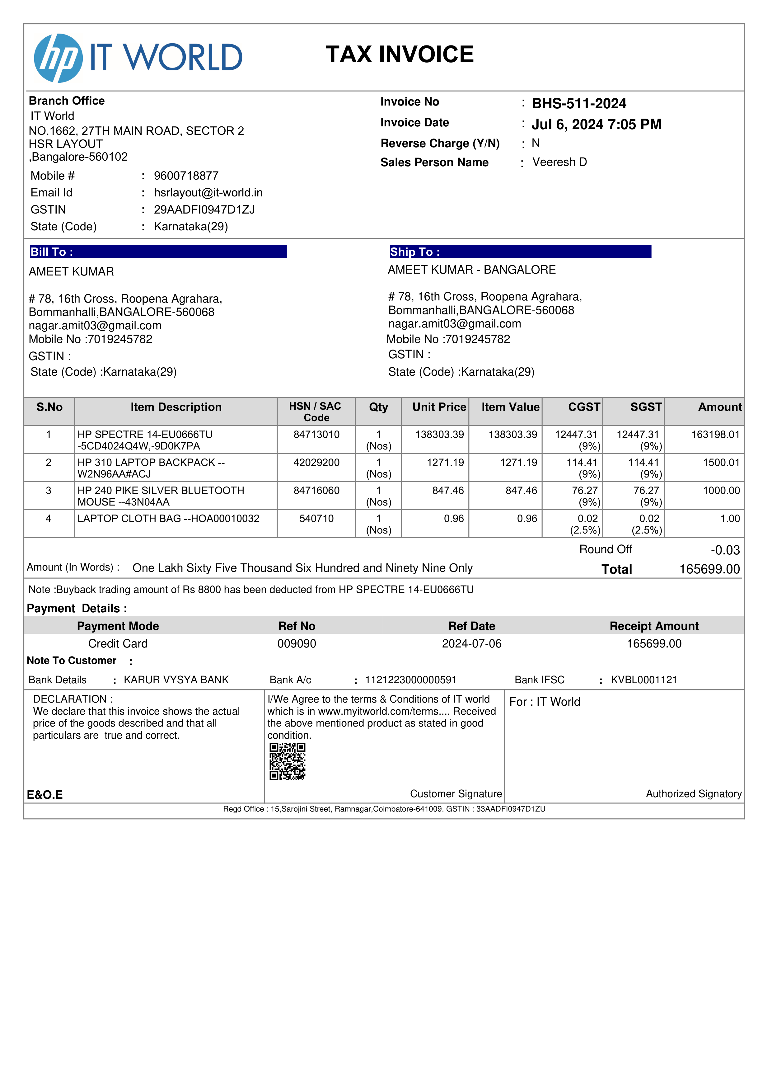 HP Laptop Purchase Invoice — page 1